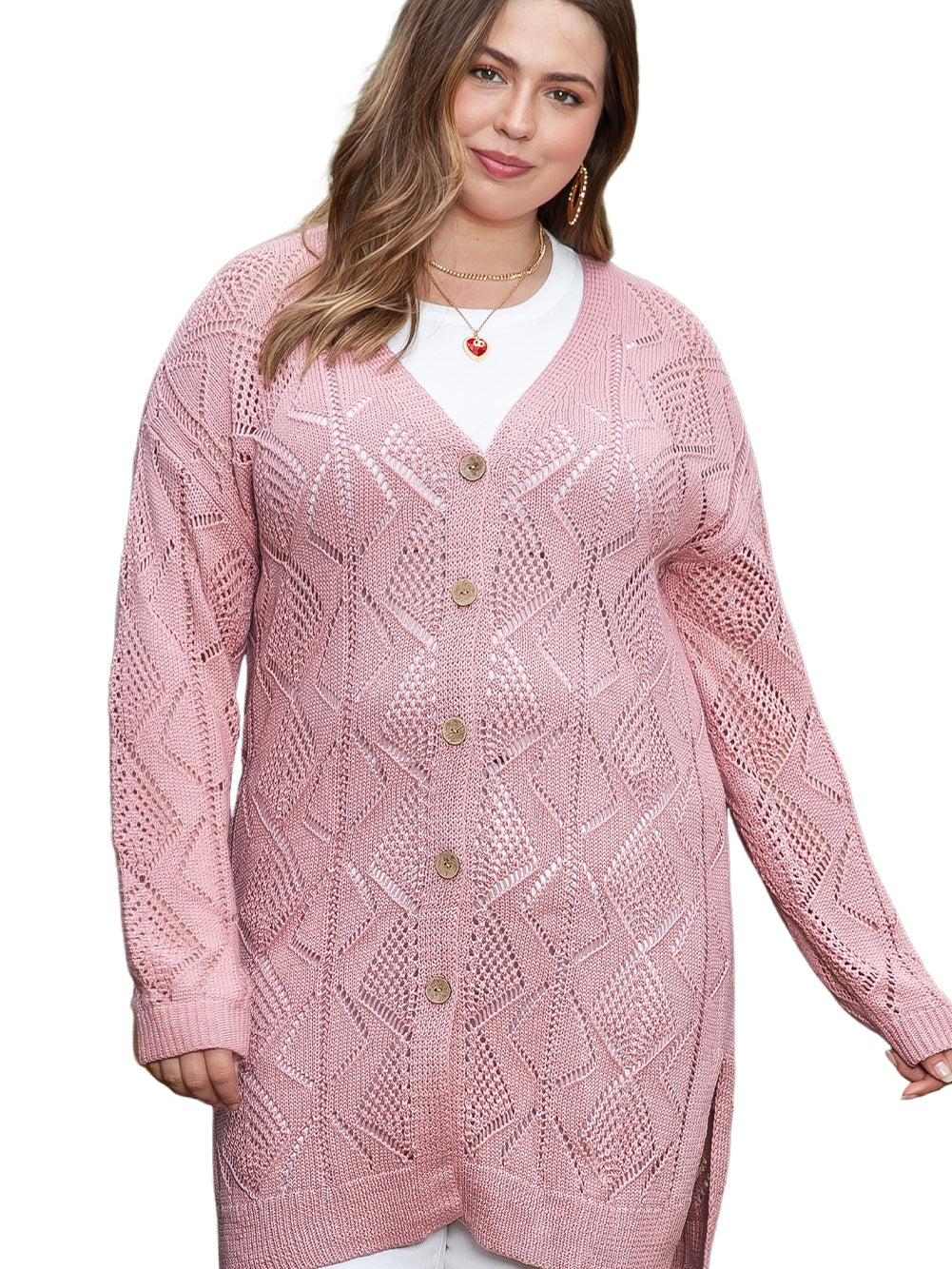 Pink Open Knit Button-Up Cardigan for Plus Size Women