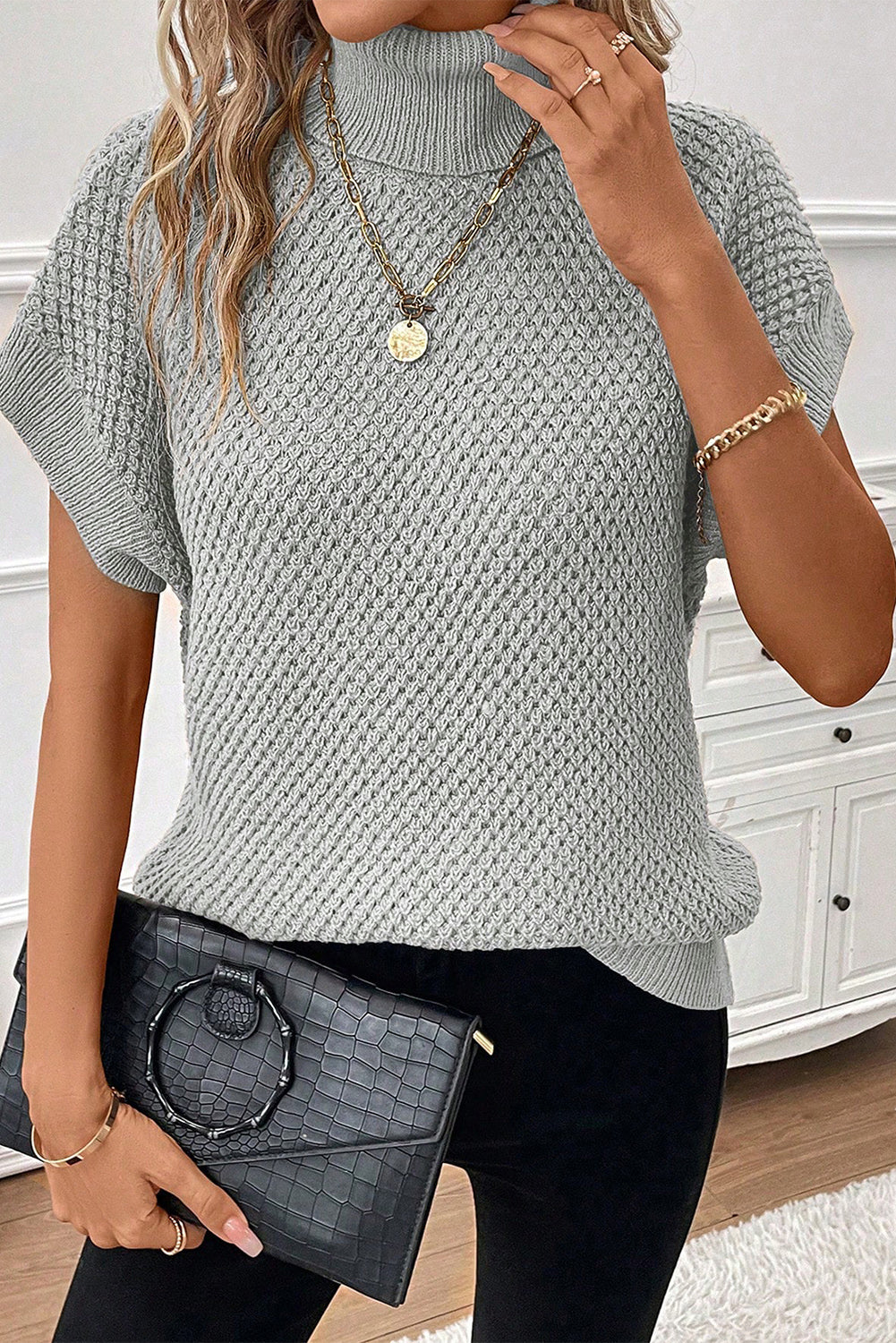 Graceful Light Grey Turtleneck Short Sleeve Sweater