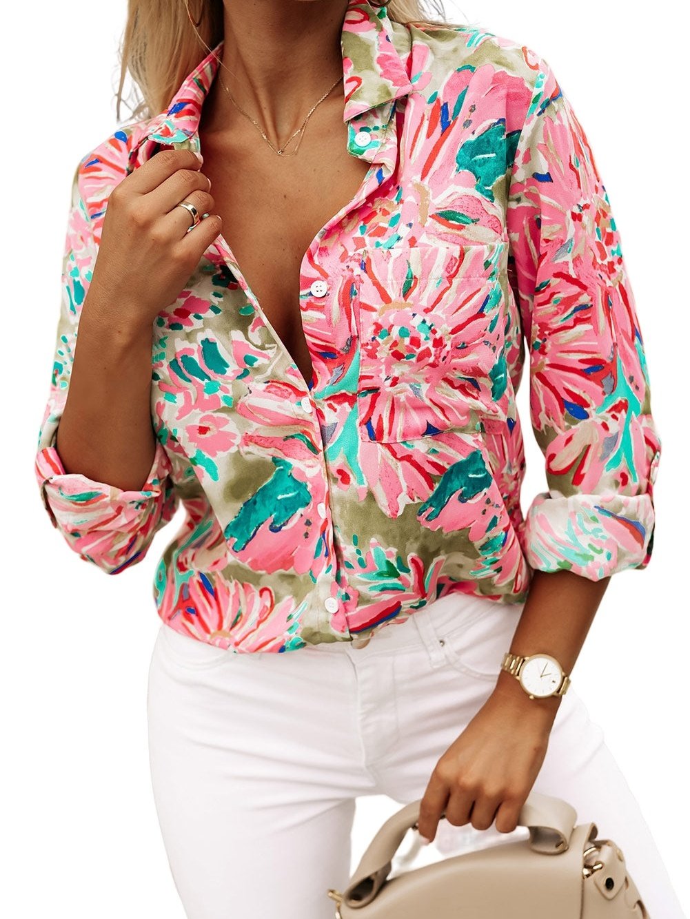 Green Abstract Floral Print Collared Sheath Blouse with Long Sleeves