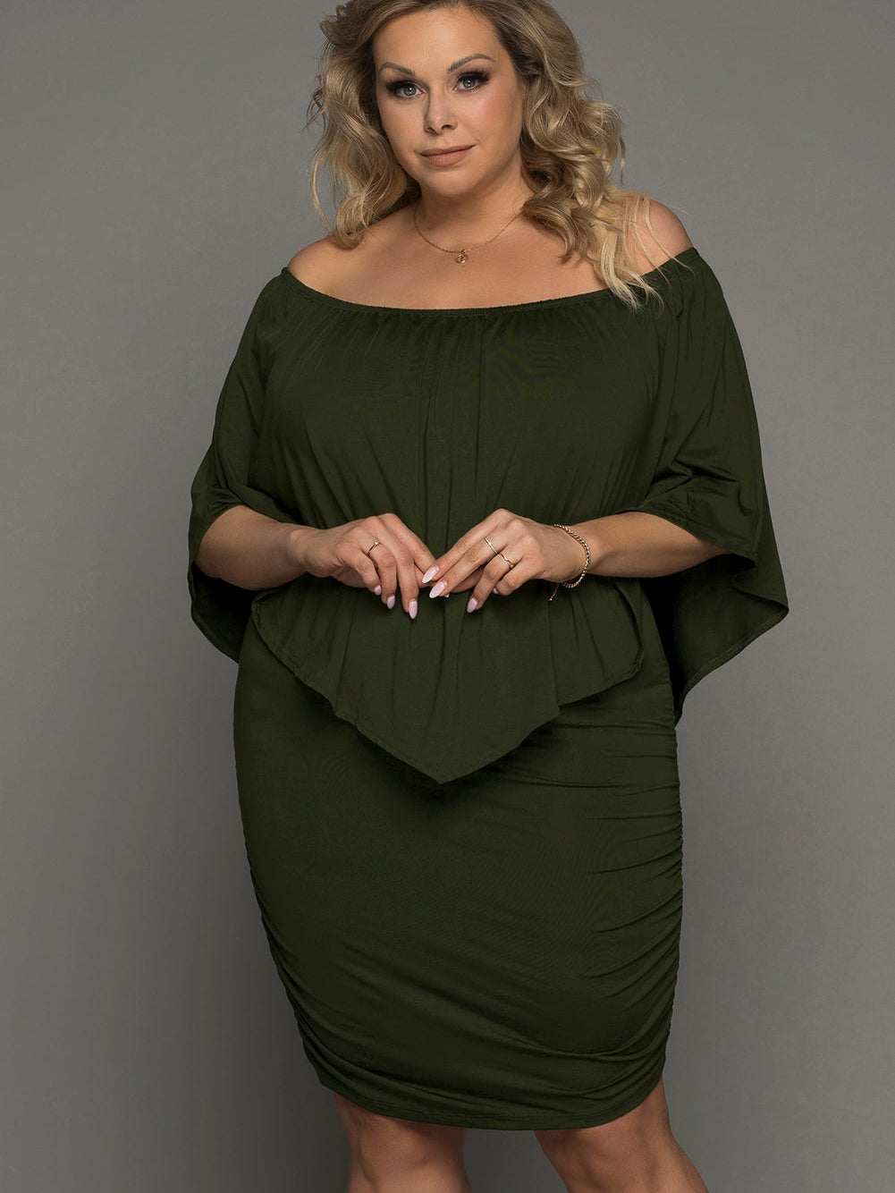 Layered Army Green Ruffle Poncho Mini Dress
