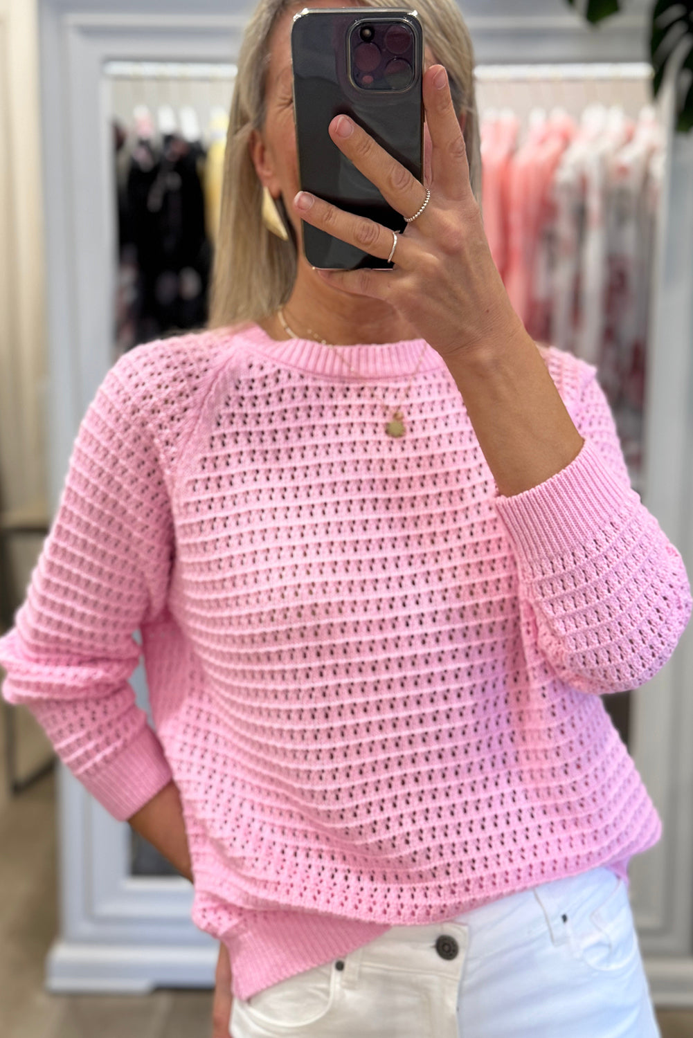 Pink Solid Color Pointellet Knit Raglan Sleeve Sweater
