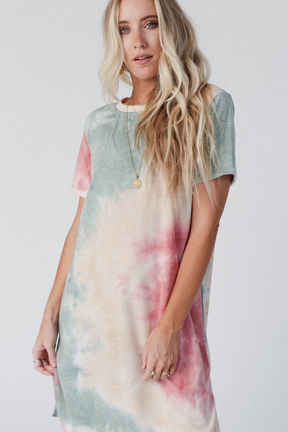 Loose Printed Short Sleeve Zippered V-neck Dress