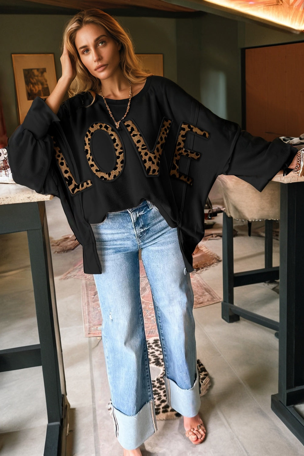 Black Oversize Leopard LOVE Patched Graphic Round Neck Casual Sweatshirt