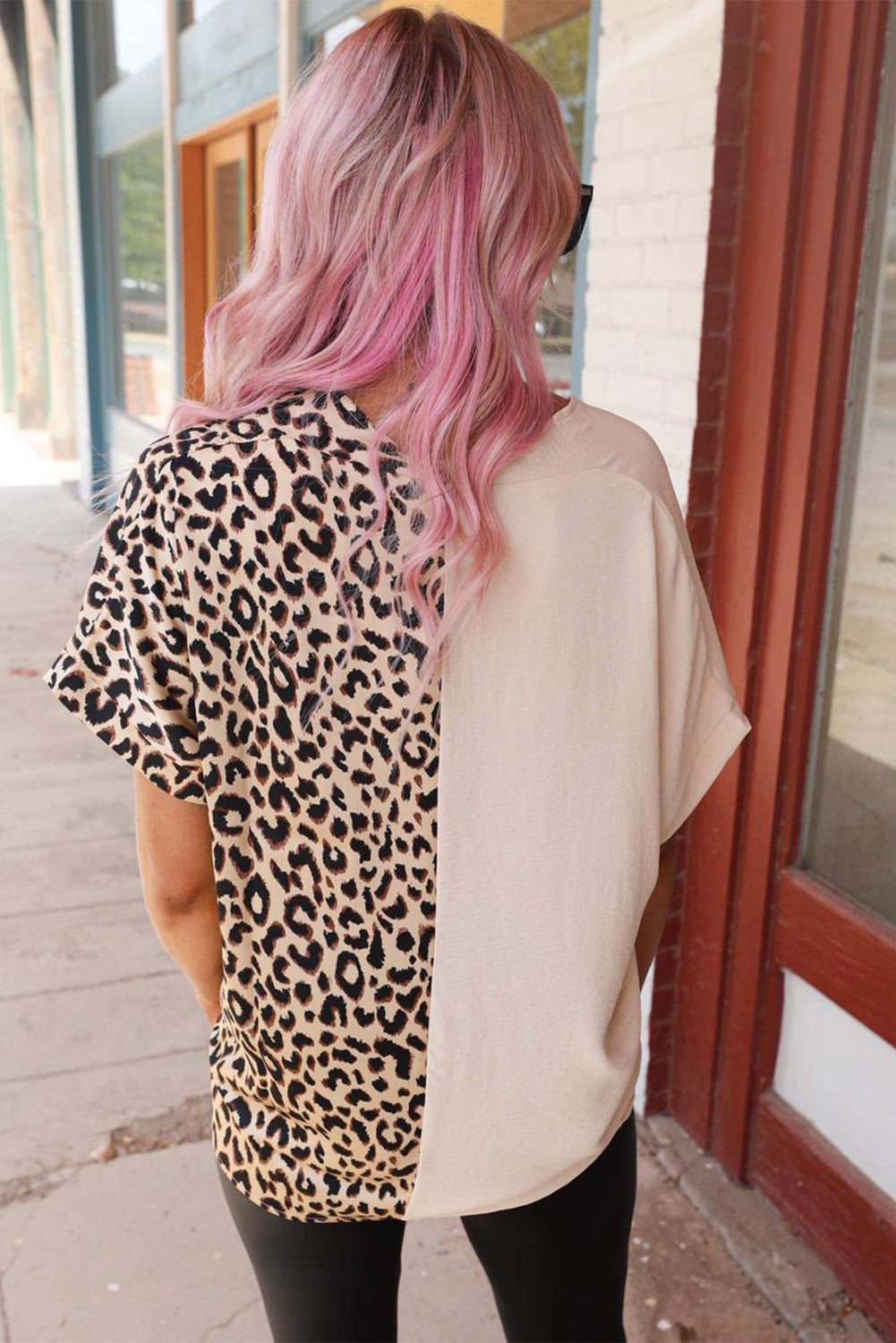 Leopard Stitching Button Long Sleeve Blouse