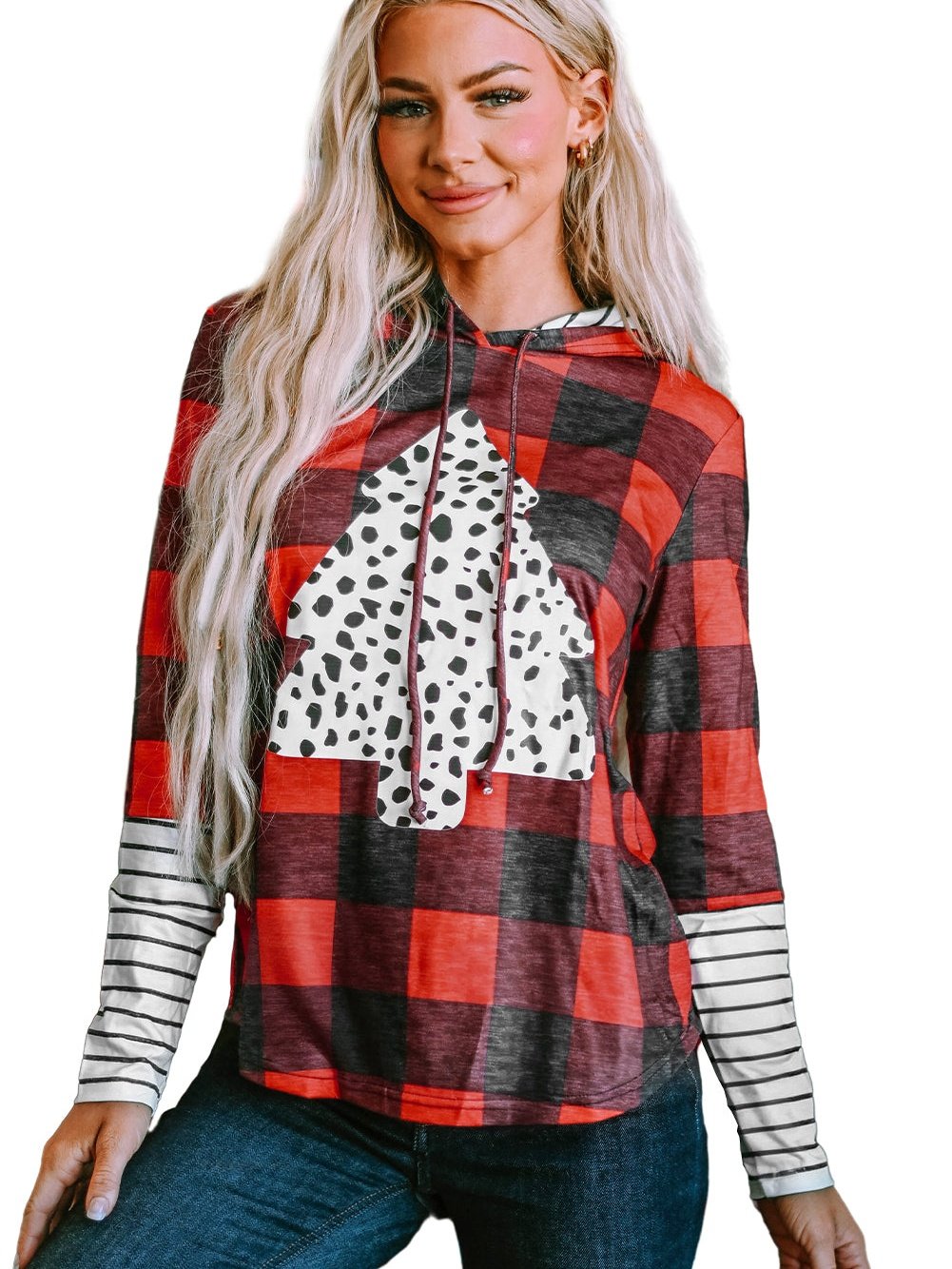 Festive Red Plaid Leopard Christmas Tree Hoodie with Fiery Accents