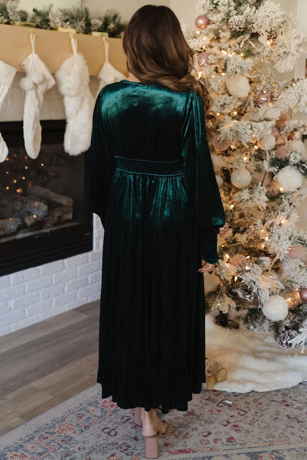 Green Velvet Embroidered Floral Smocked Sleeve High Waist Midi Dress