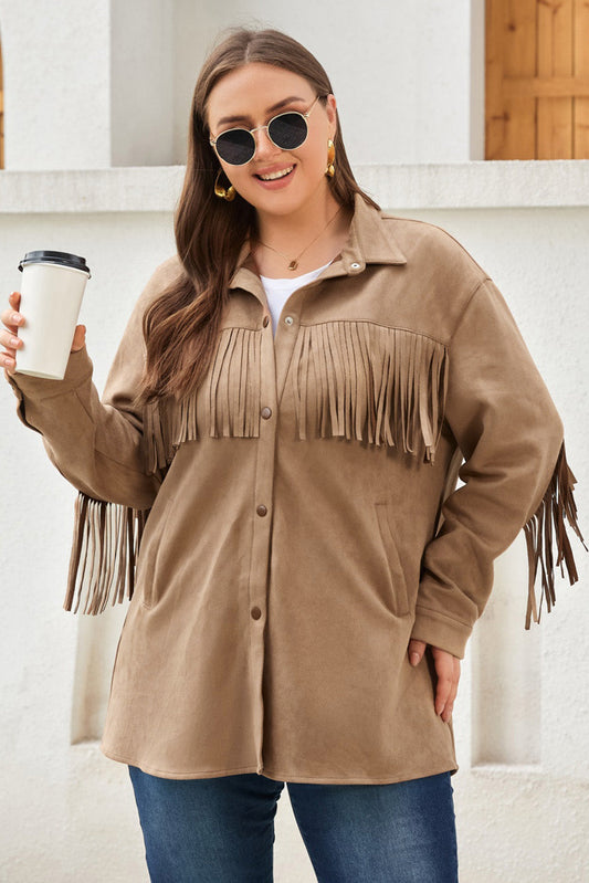 Khaki Suede Shacket with Fringe Detail for Plus Size Women
