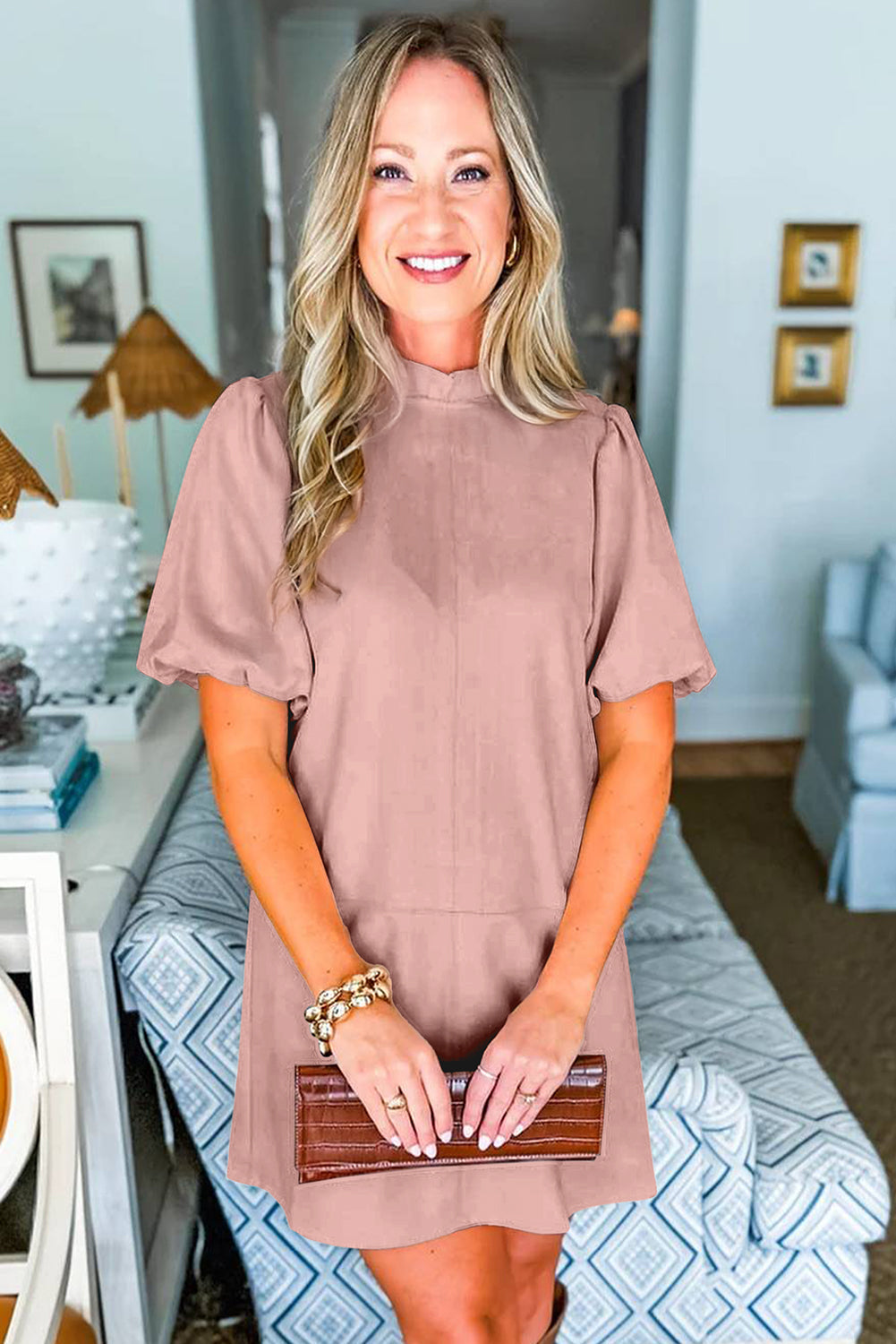 Sepia Rose Frilled Round Neck Short Puff Sleeve Shift Mini Dress