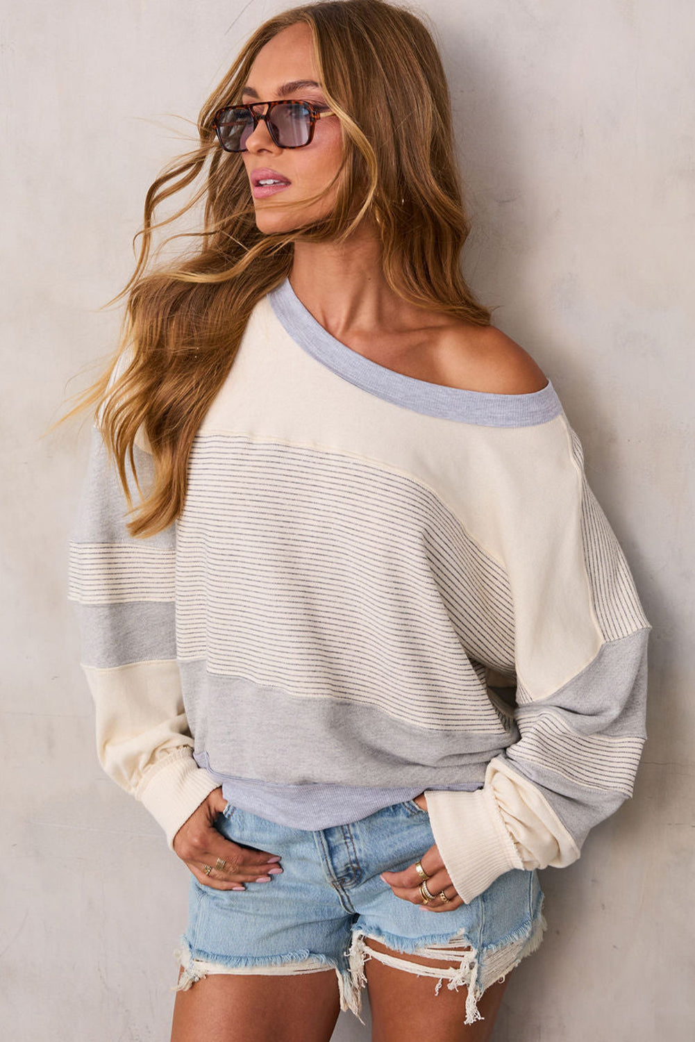Beige Stripe Round Neck Baggy Pullover Sweatshirt