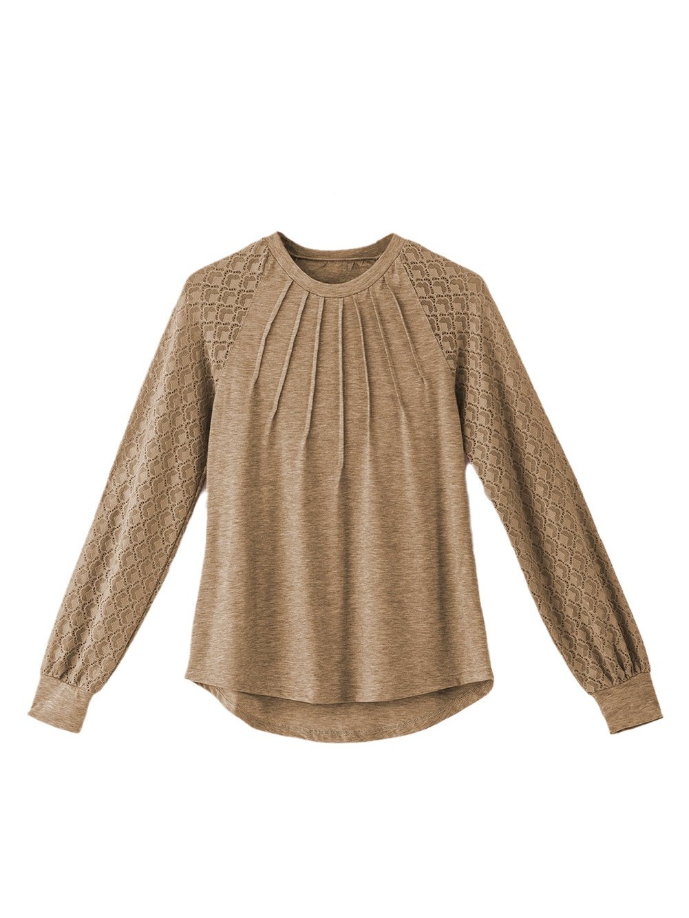 Elegant Light Beige Lace Detail Round Neck Top with Plicate Sleeves