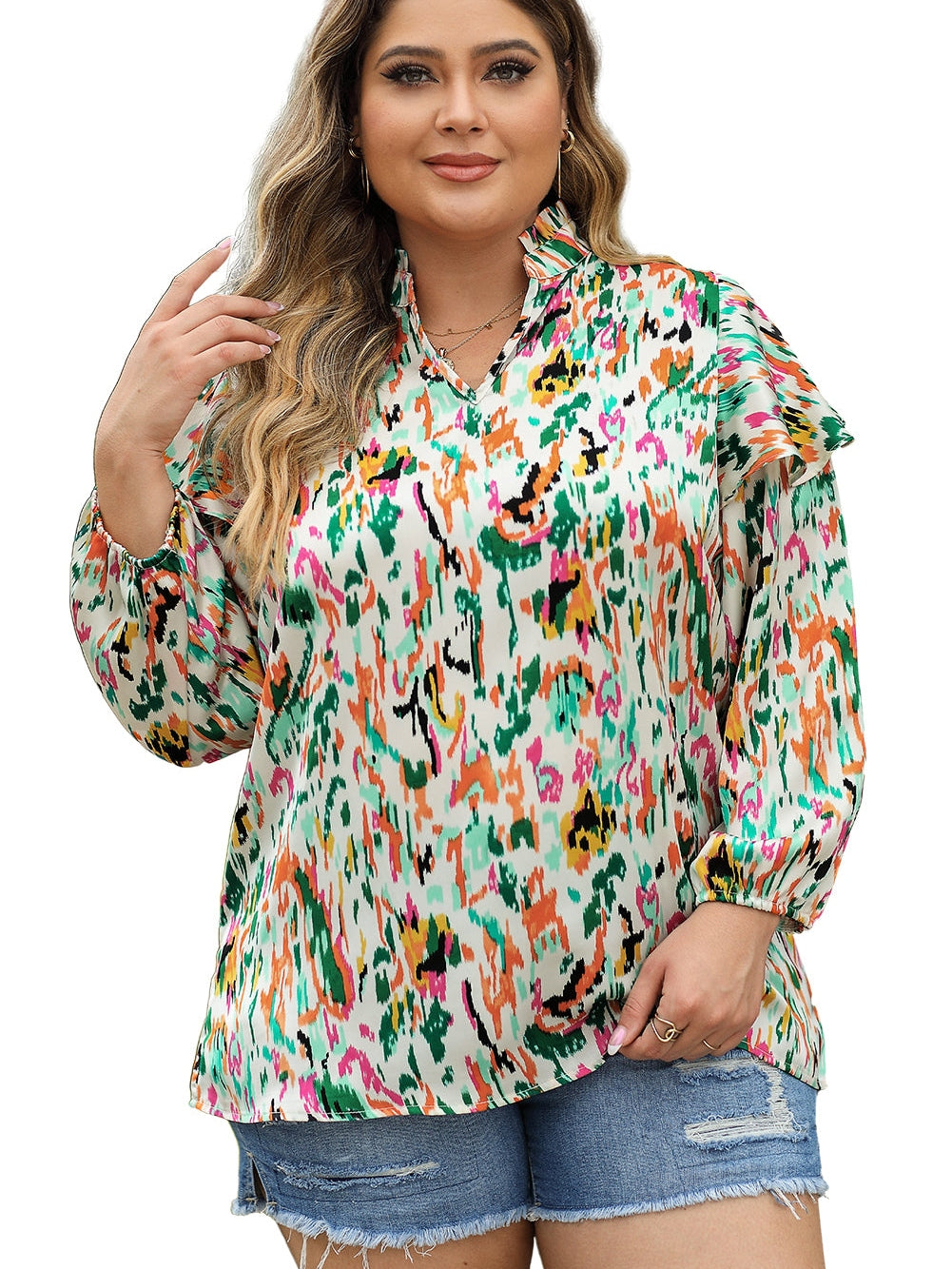 Colorful Abstract Printed Flowy V-Neck Plus Size Top