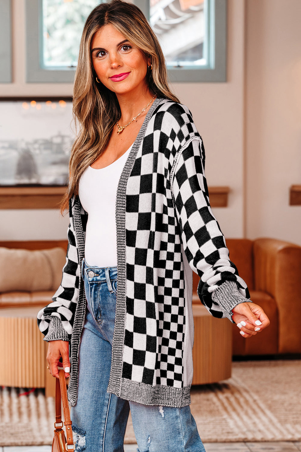 black checkered cardigan