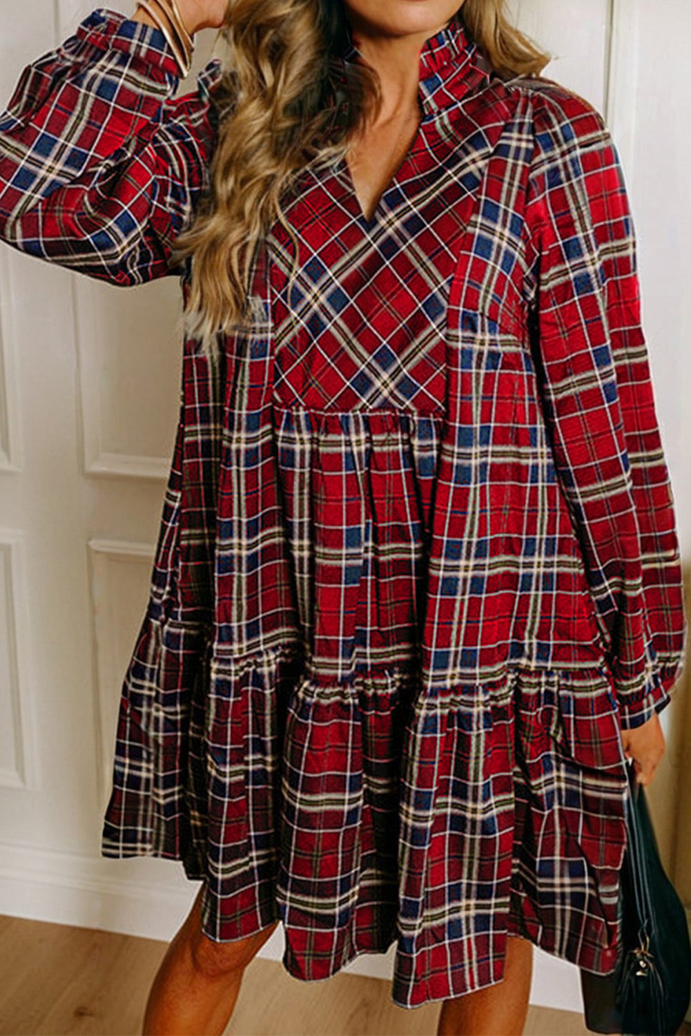 Red Plaid Print Frilly Collar Long Sleeve Shift Mini Dress