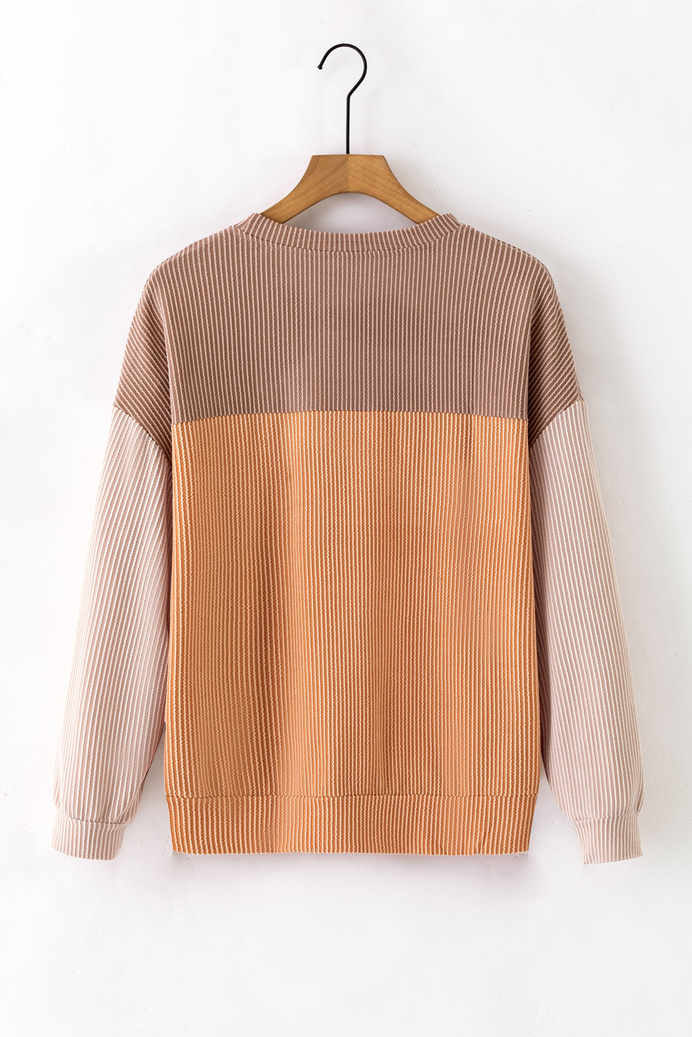 Khaki Color Block Ribbed Top with Long Sleeves
