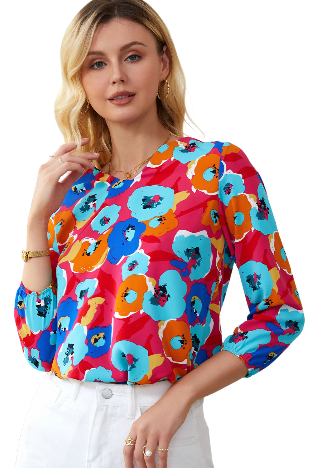 Elegant Rose Floral V Neck Blouse with Bracelet Sleeves