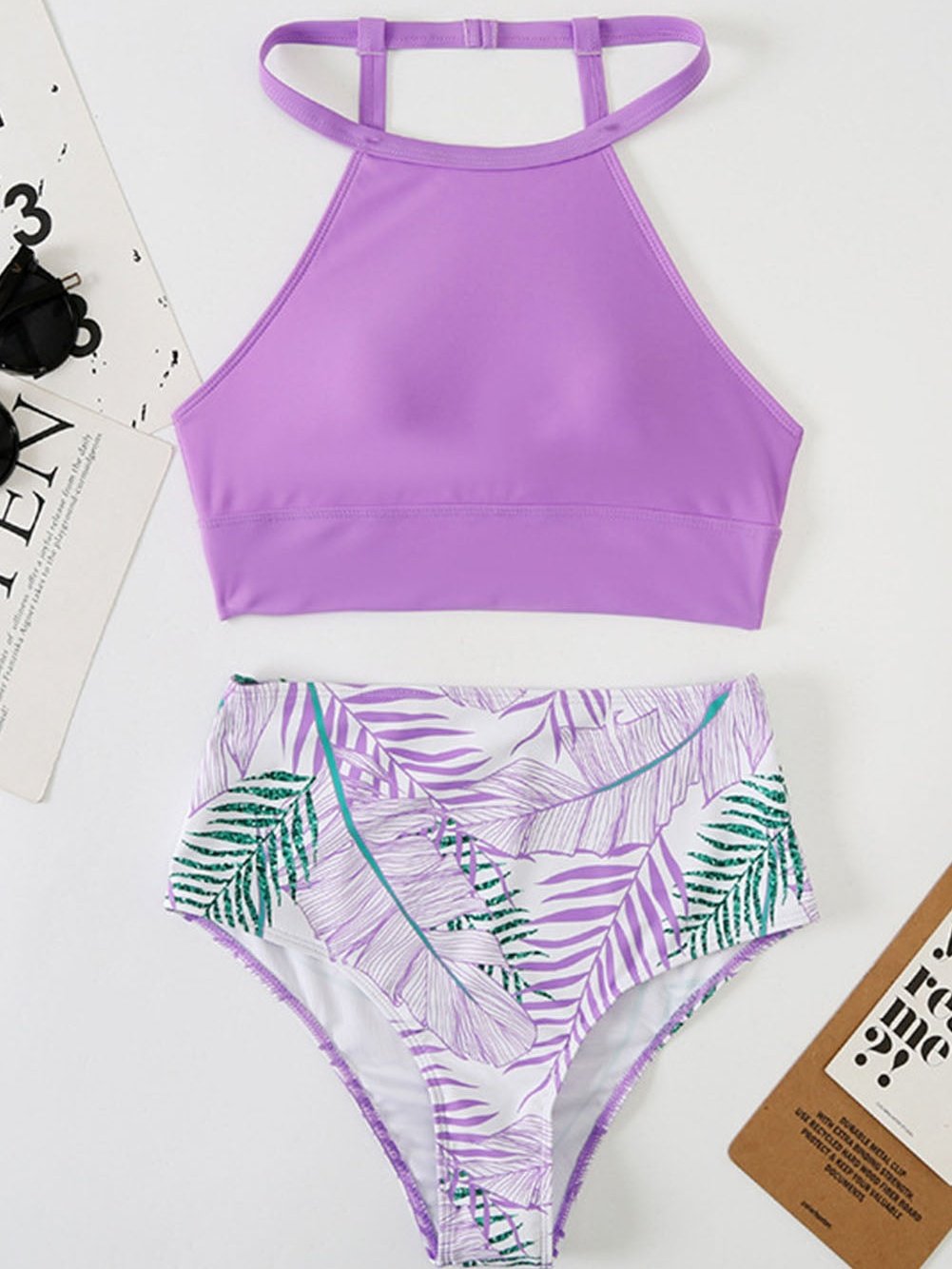 Lavender Halter Neck Floral Print High Waist Bikini Set
