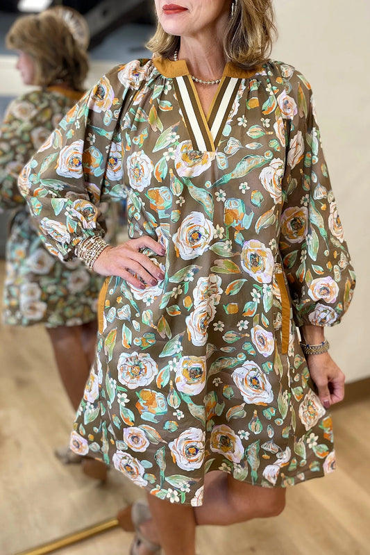 Brown Floral Print Contrast Trim V Neck Pocketed Long Sleeve Mini Dress