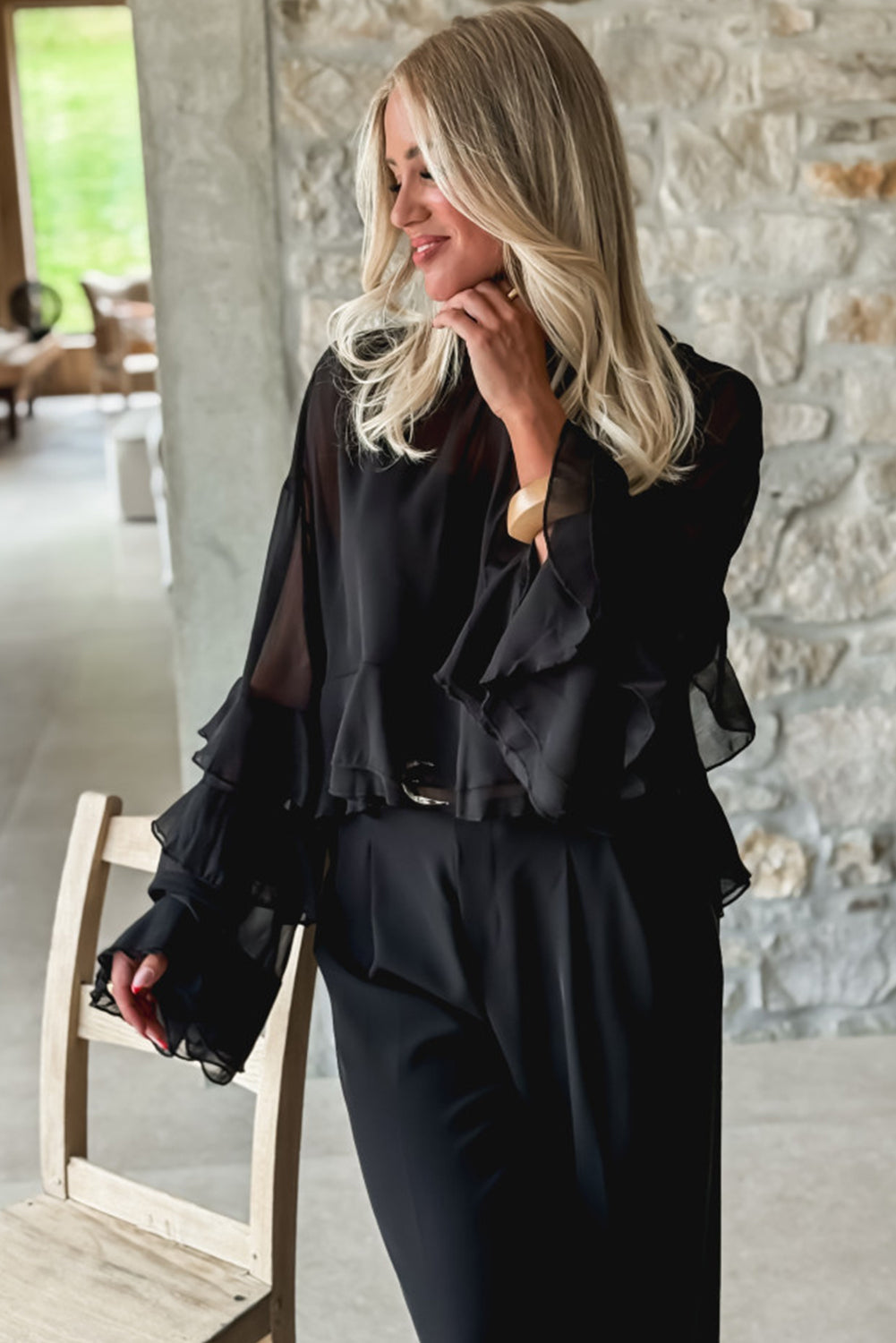 Black Ruffled Trim Bell Sleeve Mock Neck Cropped Blouse