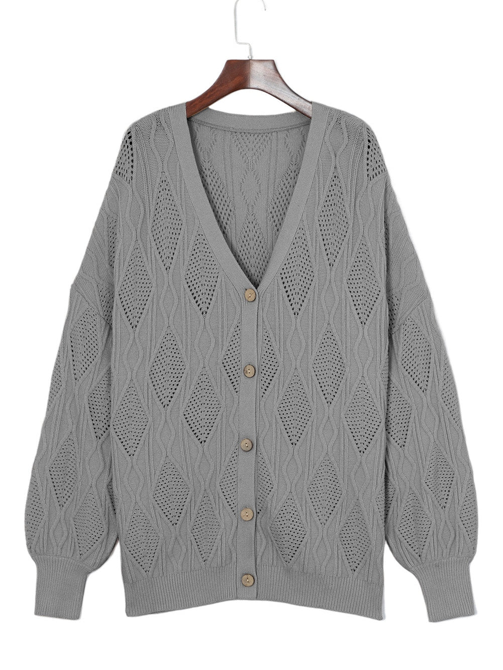 Cozy Gray Hollow Knit Plus Size Button-Up Cardigan