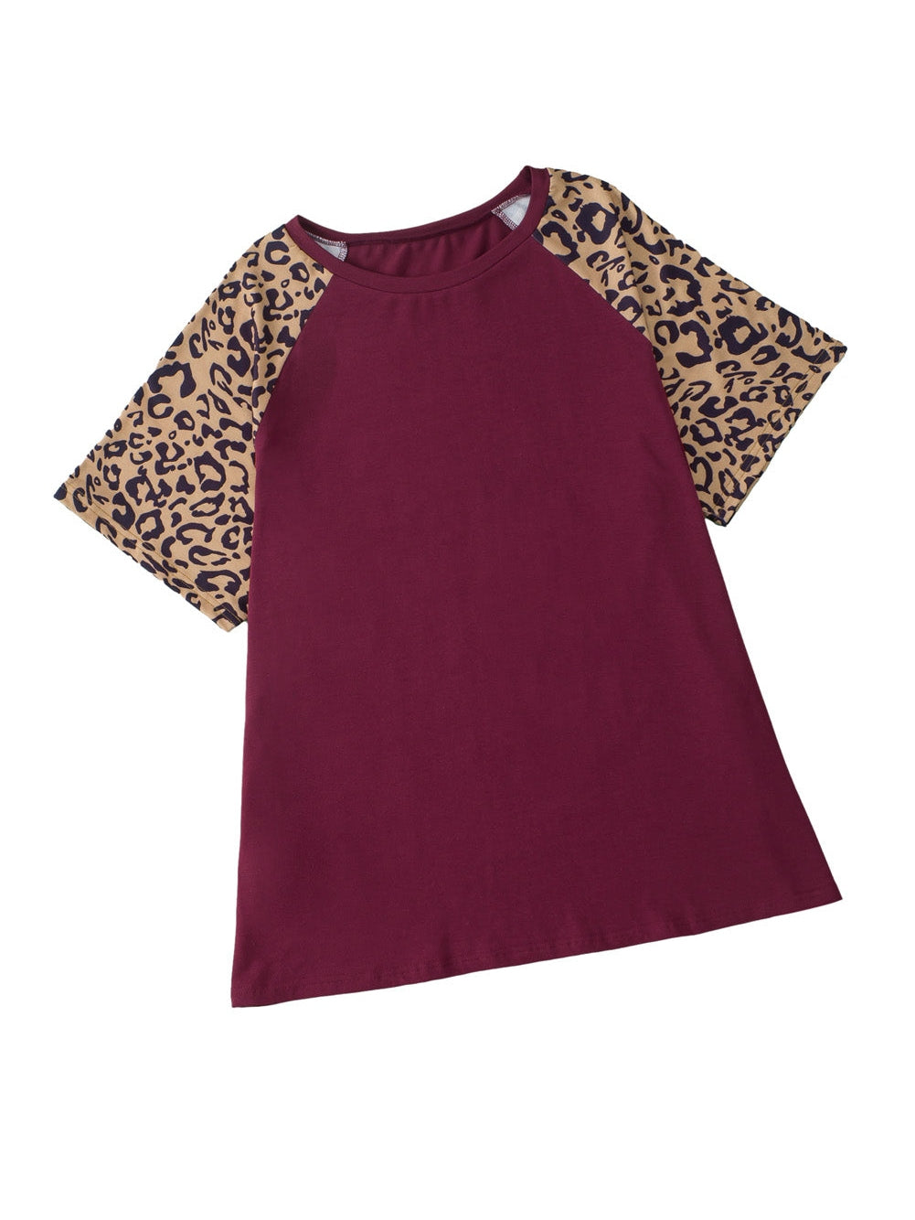 Leopard Print Raglan Sleeve Burgundy Plus Size Tee