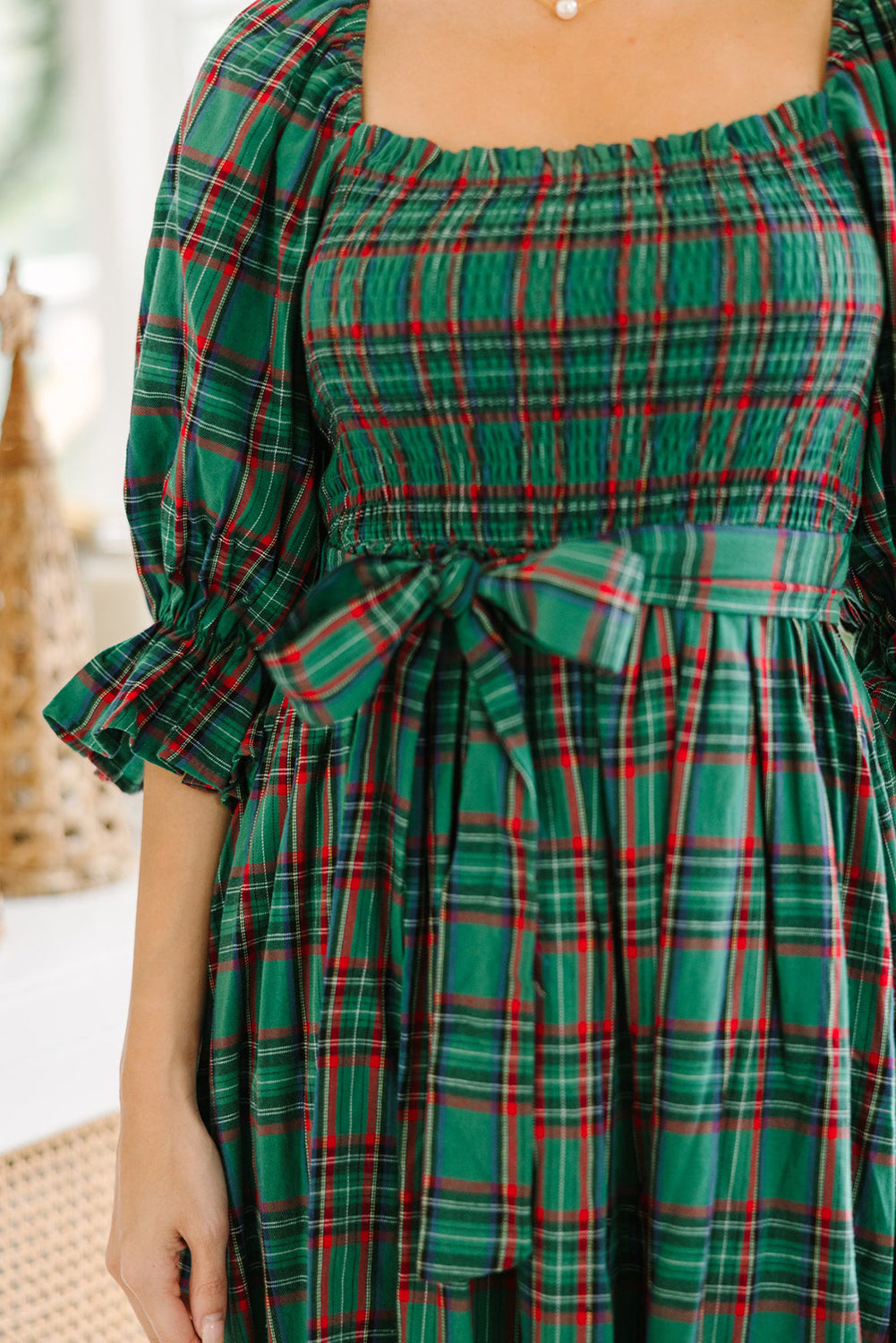 Green Tartan Plaid Square Neck Puff Sleeve Knot Waist Flared Midi Dress