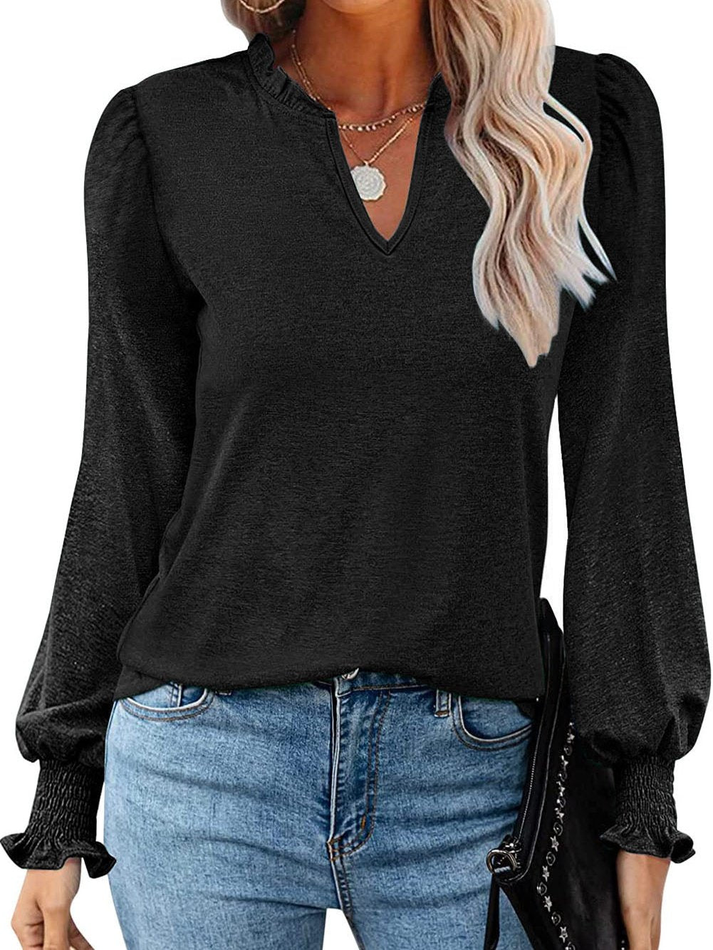 Elegant Black V Neck Top with Puff Long Sleeves