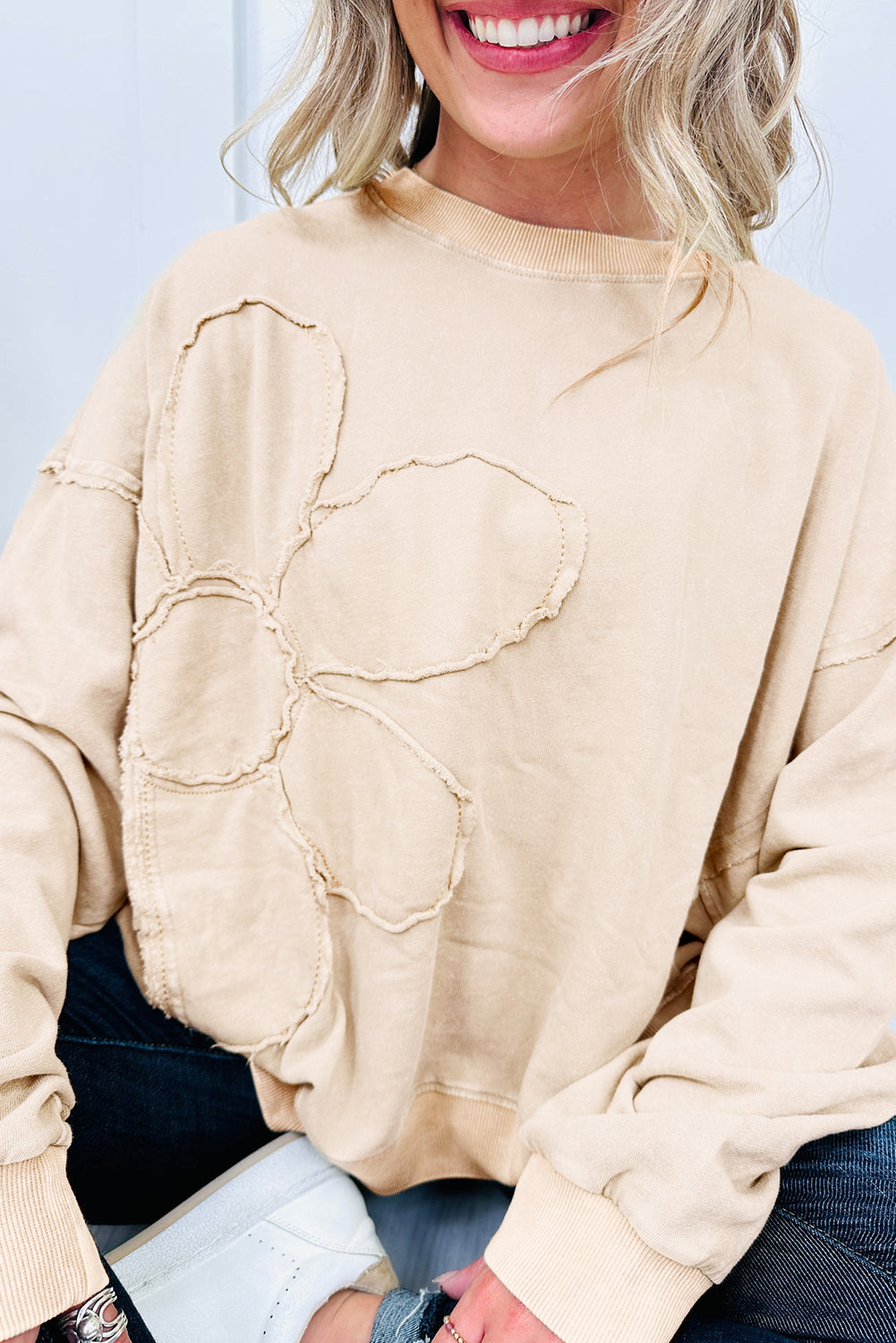 Beige Long Sleeve Stitching Flower Pattern Round Neck Plus Size Top