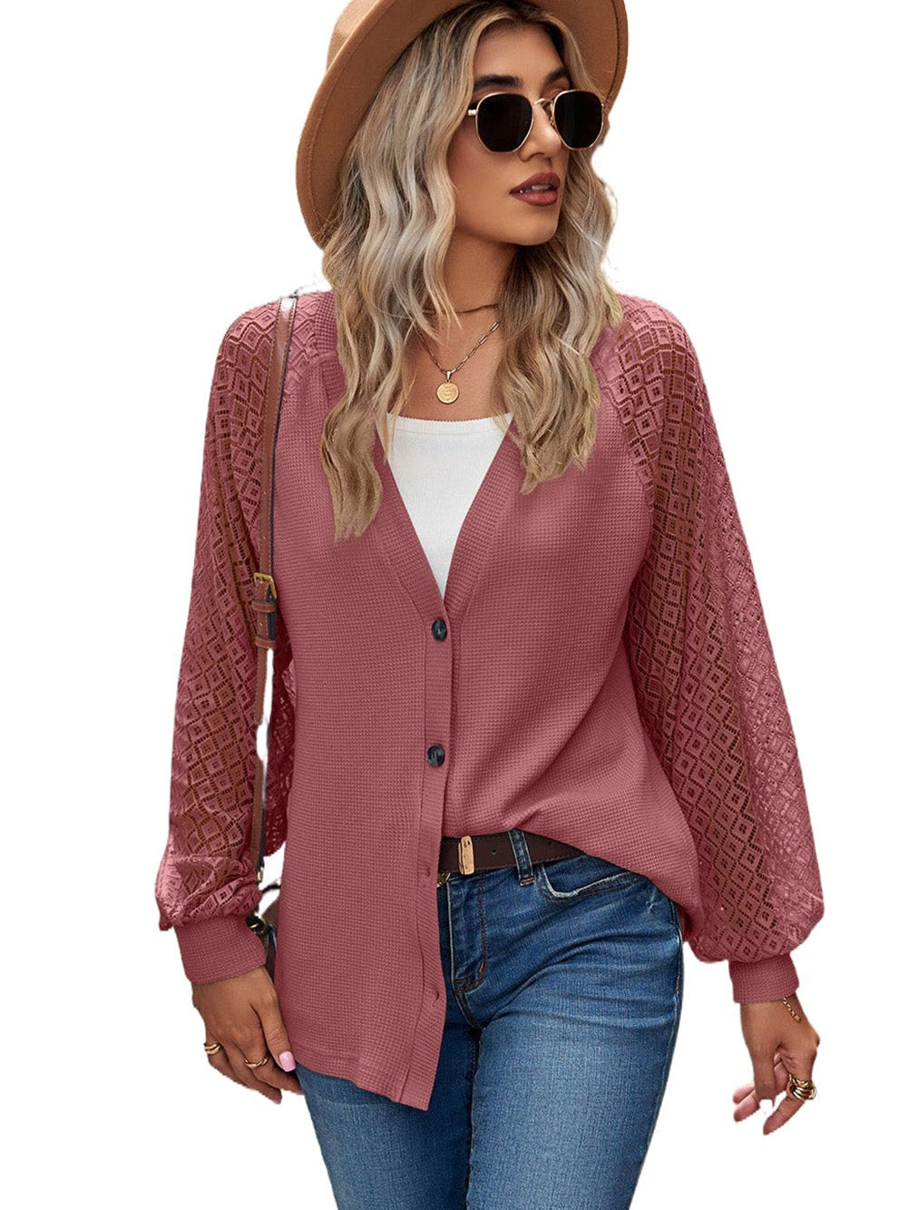 Lacy Waffle Knit Button-Up Cardigan with Long Sleeves