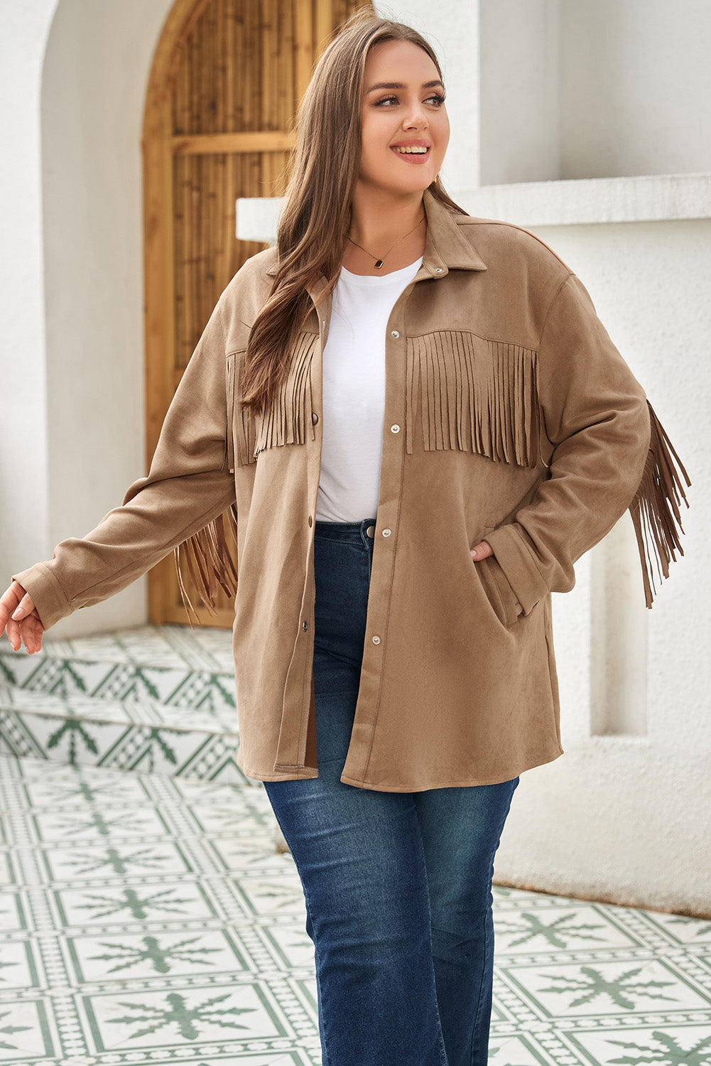 Khaki Suede Shacket with Fringe Detail for Plus Size Women