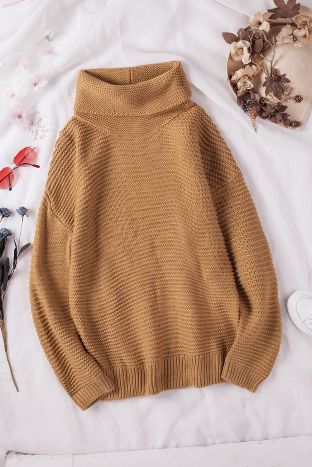 Khaki Warm and Cozy Turtleneck Sweater with Long Sleeves