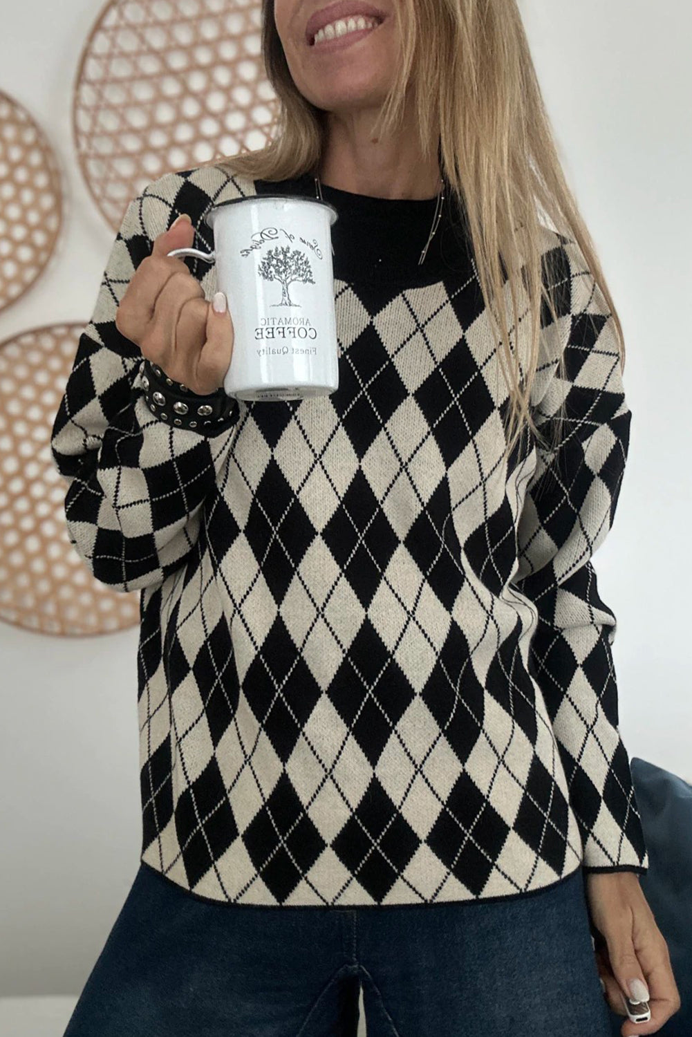 Black Checkered Colorblock Round Neck Sweater Top