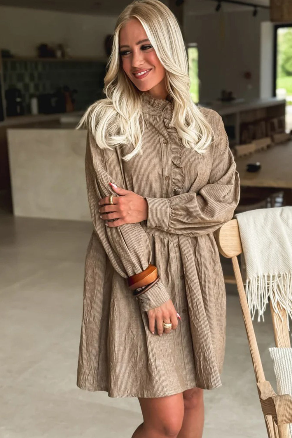 Khaki Stripe Frilled Trim Button Front Long Sleeve Mini Shirt Dress