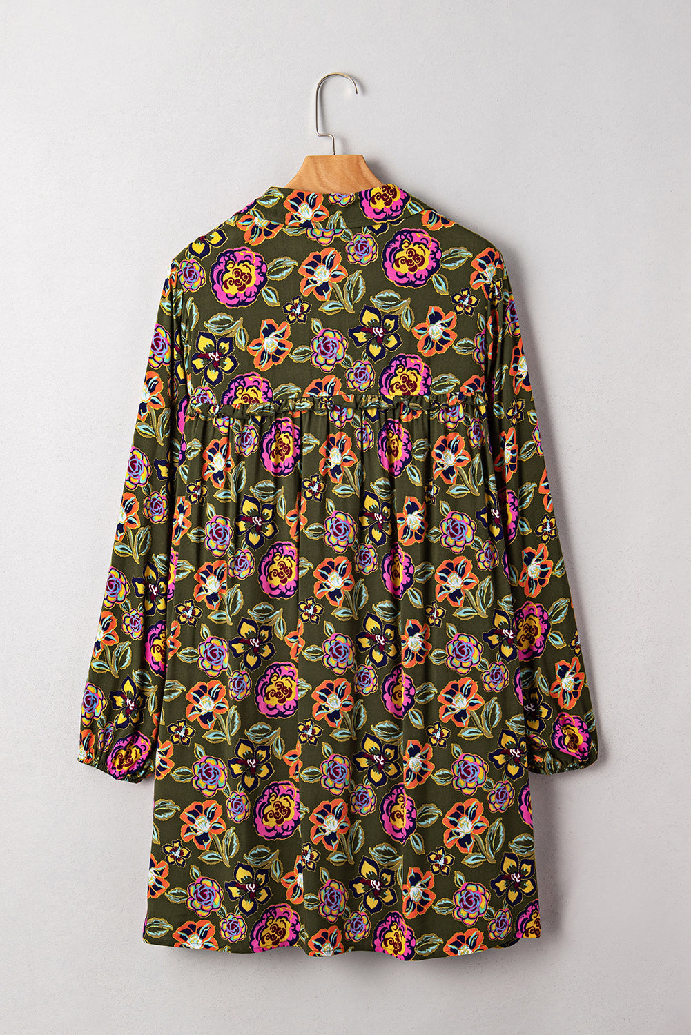 Green Plus Size Floral Print Shirt Collar V Neck Loose Mini Dress