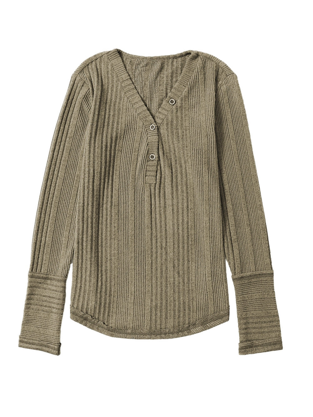 Jungle Green Ribbed Knit V-Neck Button-Up Top