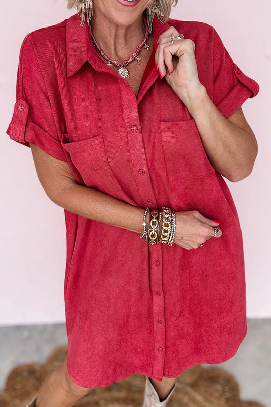 Fiery Red Roll-tab Short Sleeve Patched Chest Pocket Shift Mini Shirt Dress