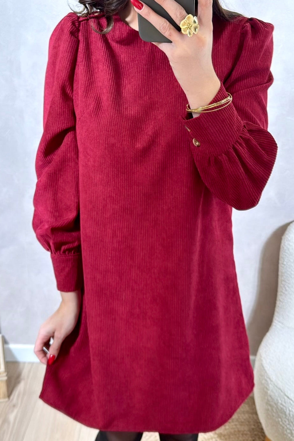 Racing Red Solid Color Button Cuffed Long Sleeve Corduroy Mini Dress