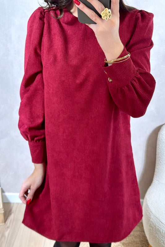 Racing Red Solid Color Button Cuffed Long Sleeve Corduroy Mini Dress