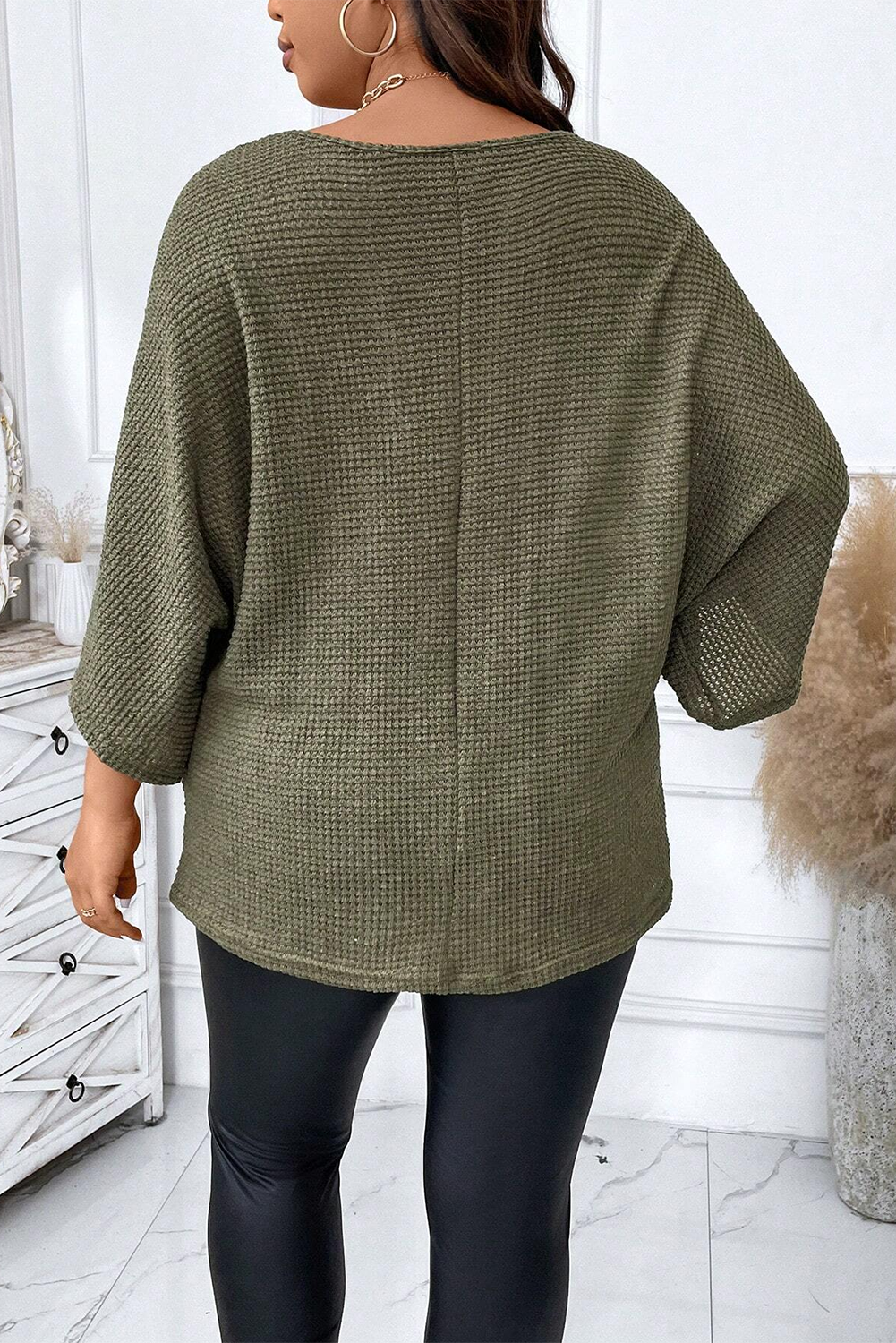 Jungle Green Oversized V-Neck Waffle Knit Dolman Top