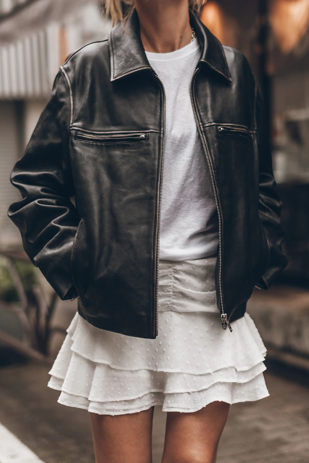 Black Faux Leather Zip Slit Pockets Street Fashion Jacket