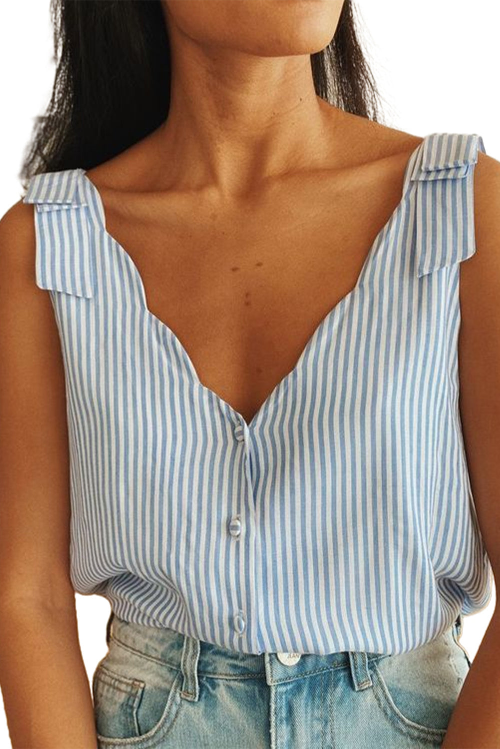 Sky Blue Stripe Scalloped V Neck Buttoned Tank Top