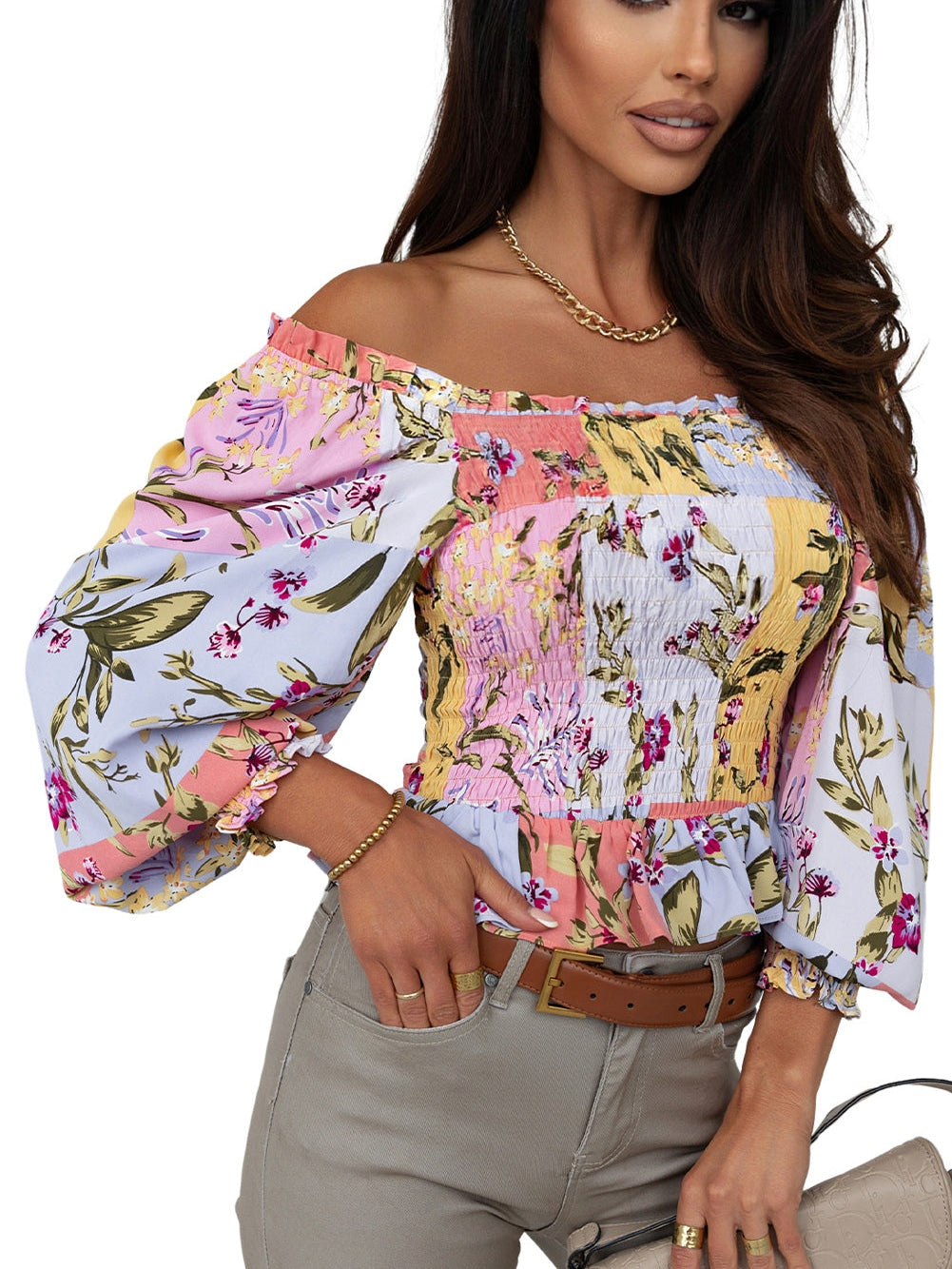 Floral Square Neck Smocked Blouse with Frilled Trim