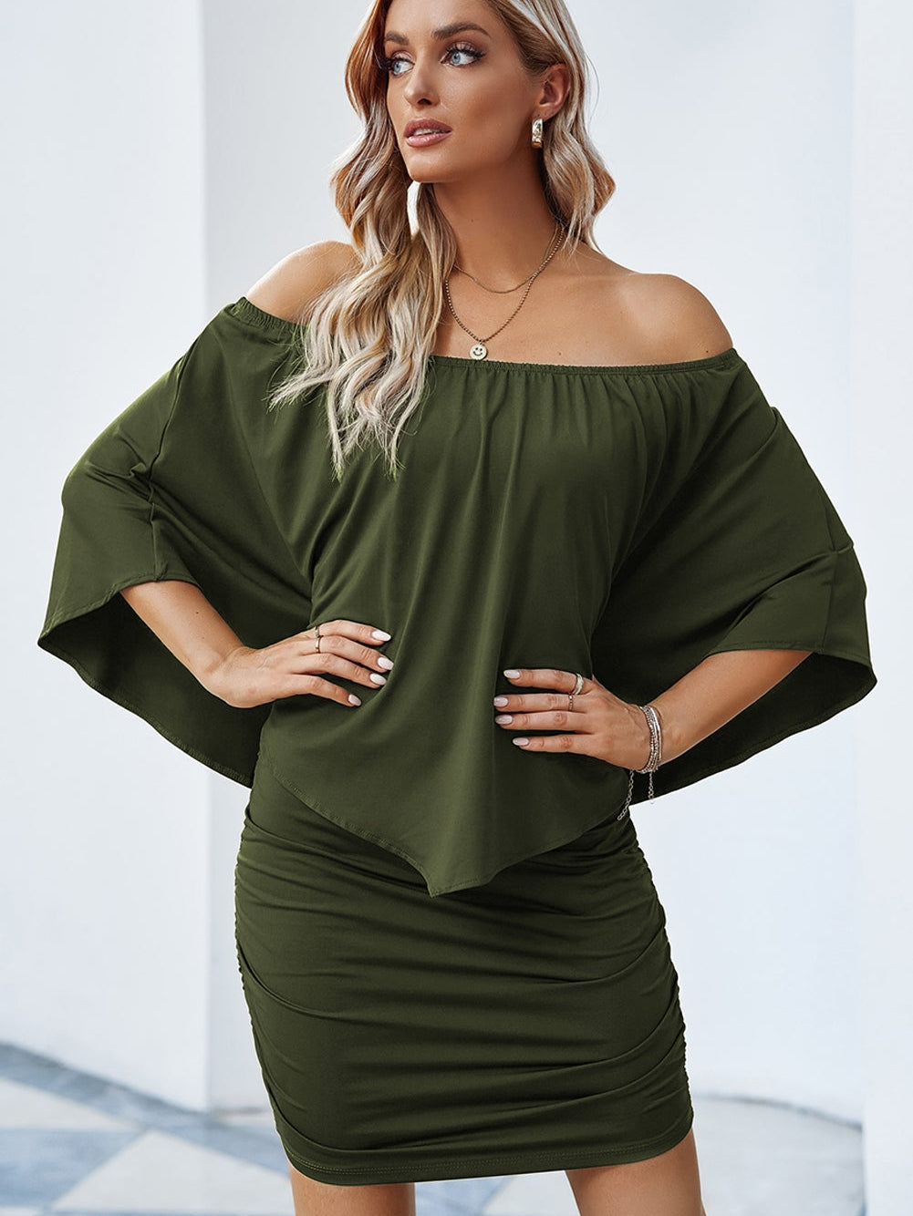 Layered Army Green Ruffle Poncho Mini Dress
