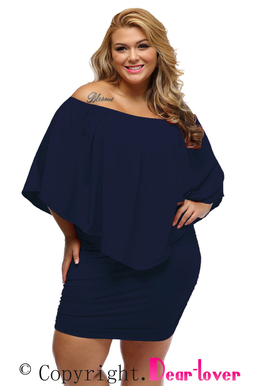 Layered Ruffle Top Plus Size Dark Blue Poncho Mini Dress
