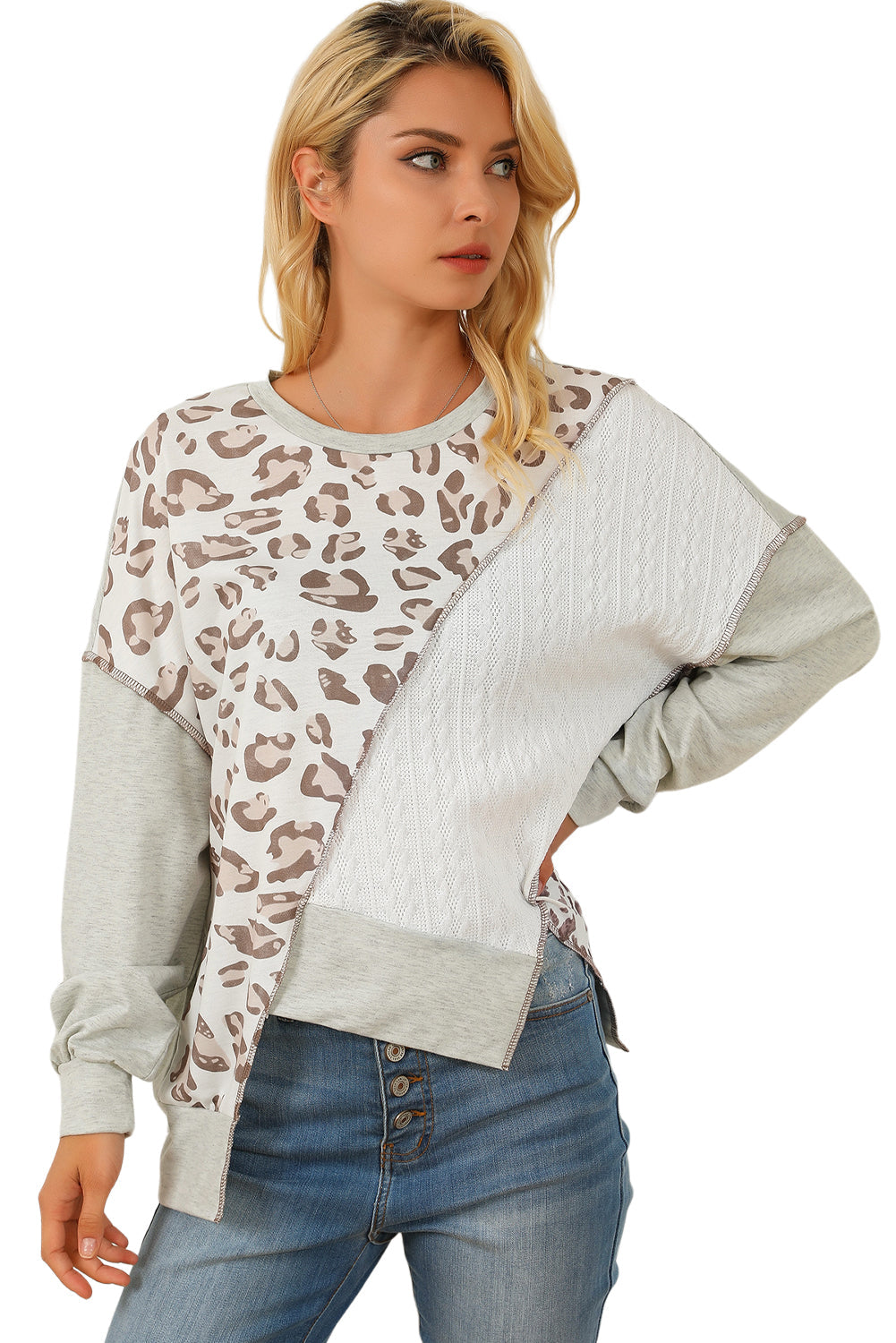 Leopard Patchwork Asymmetrical Loose Fit Sweatshirt