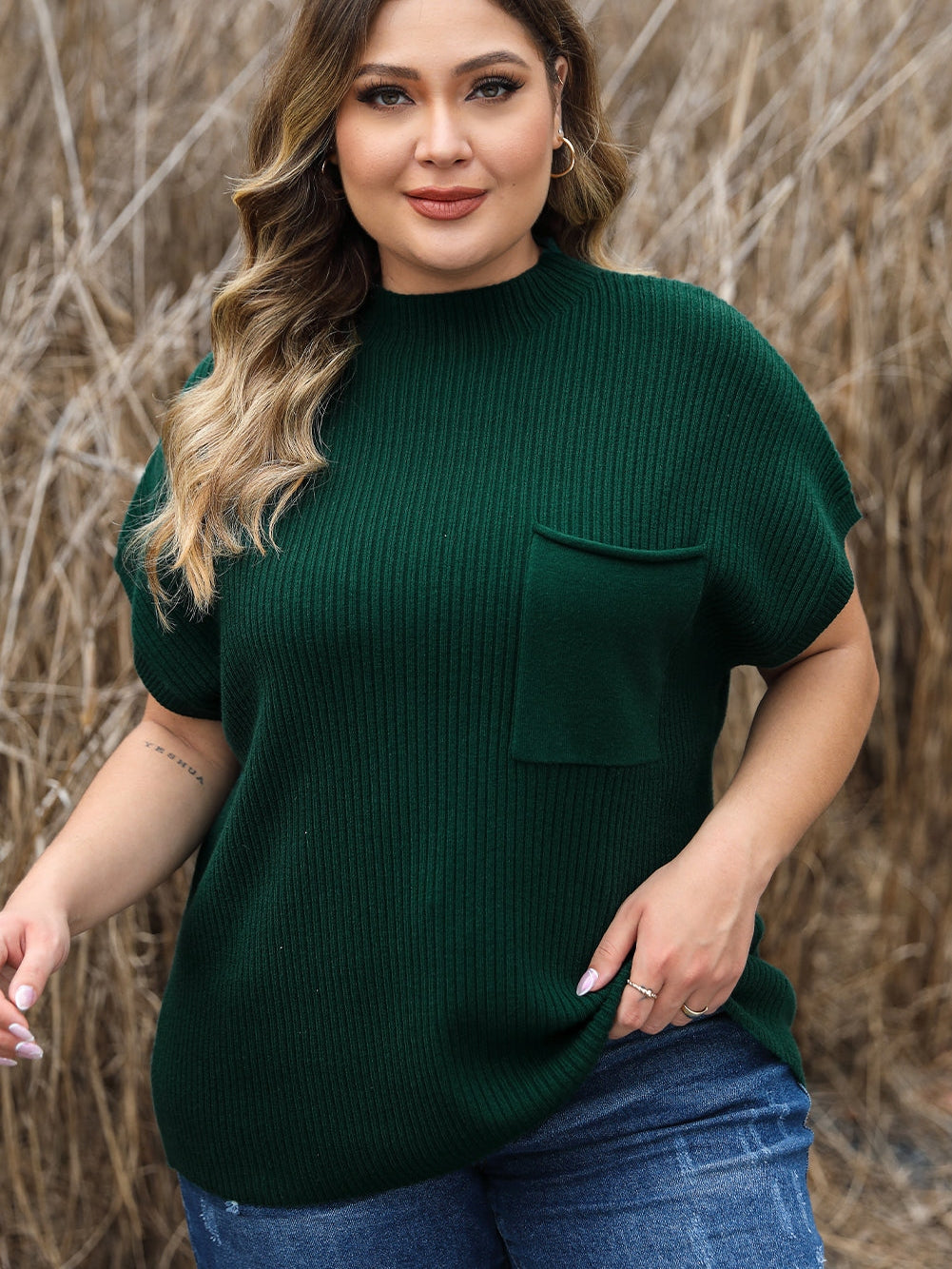 Jungle Green Plus Size Mock Neck Chest Pocket Short Sleeve Sweater