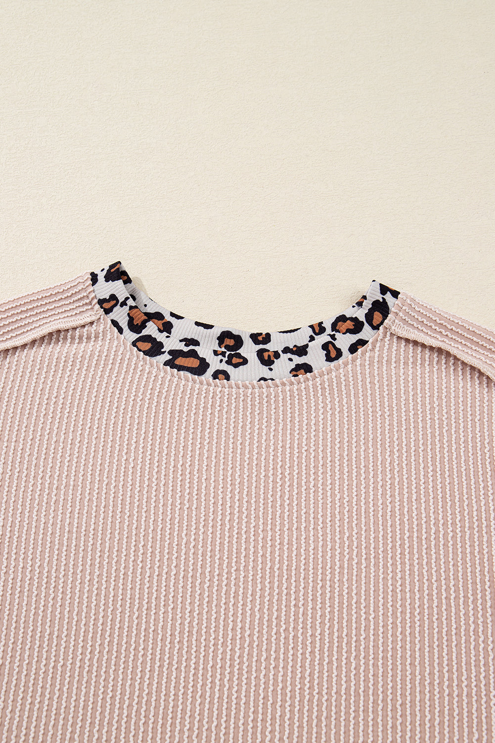 Beige Twist Ribbed Leopard Color Block Detail Drop Shoulder Long Sleeve Top