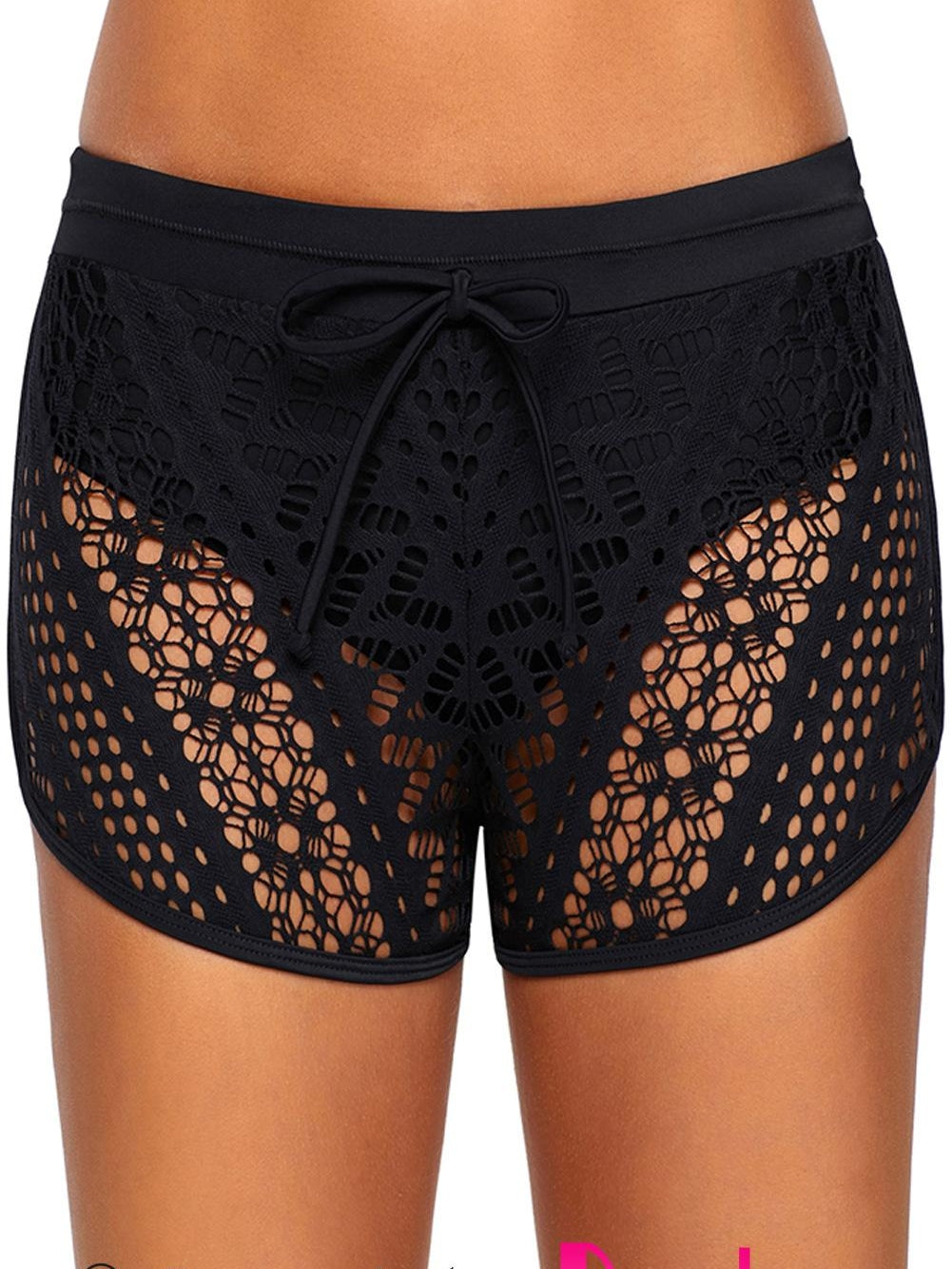 Lace Overlay Black Swim Trunk with Hollow Out Design