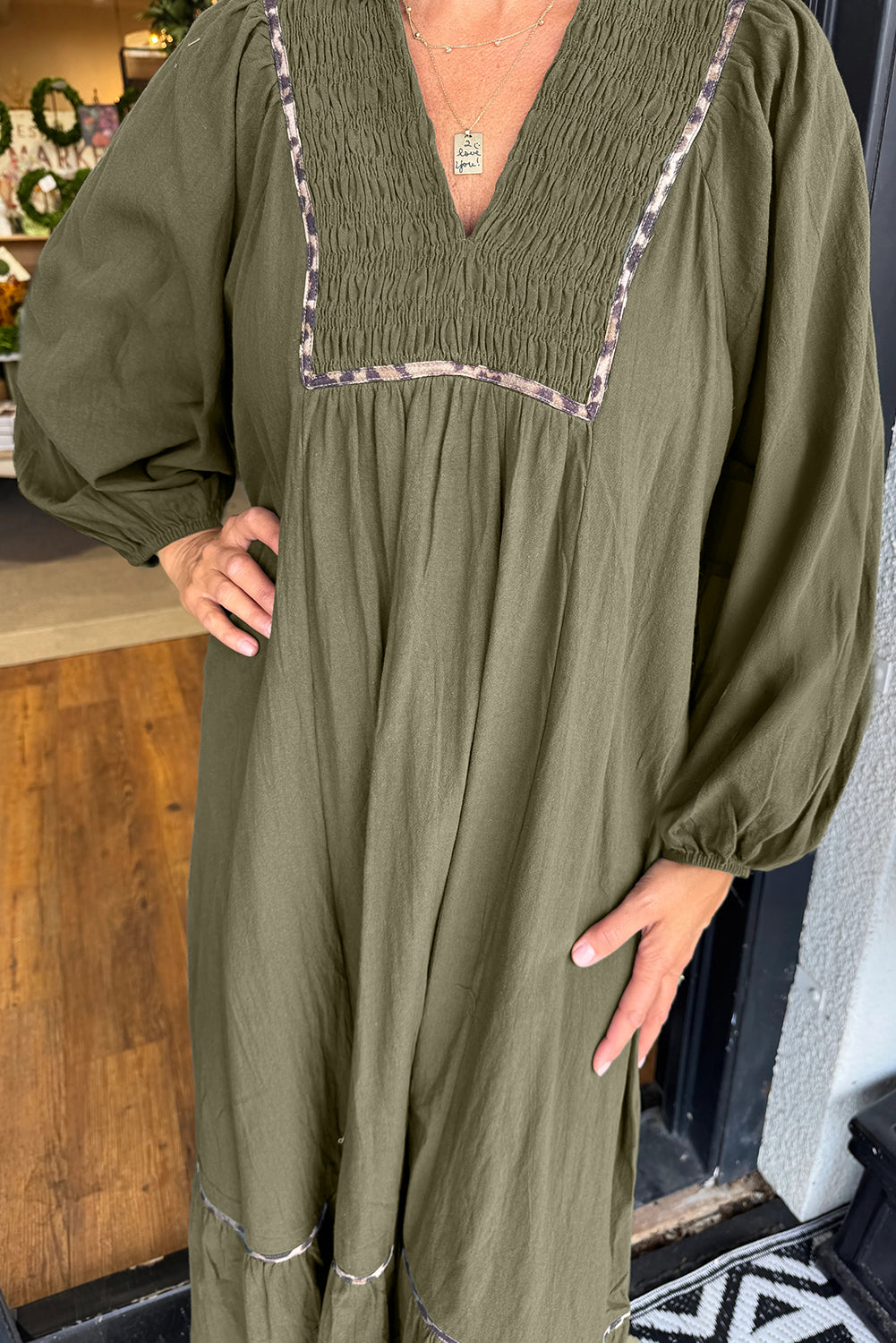 Four Leaf Clover Collared V Neck Smocked Detail Contrast Leopard Trim Bracelet Sleeve Long Dress