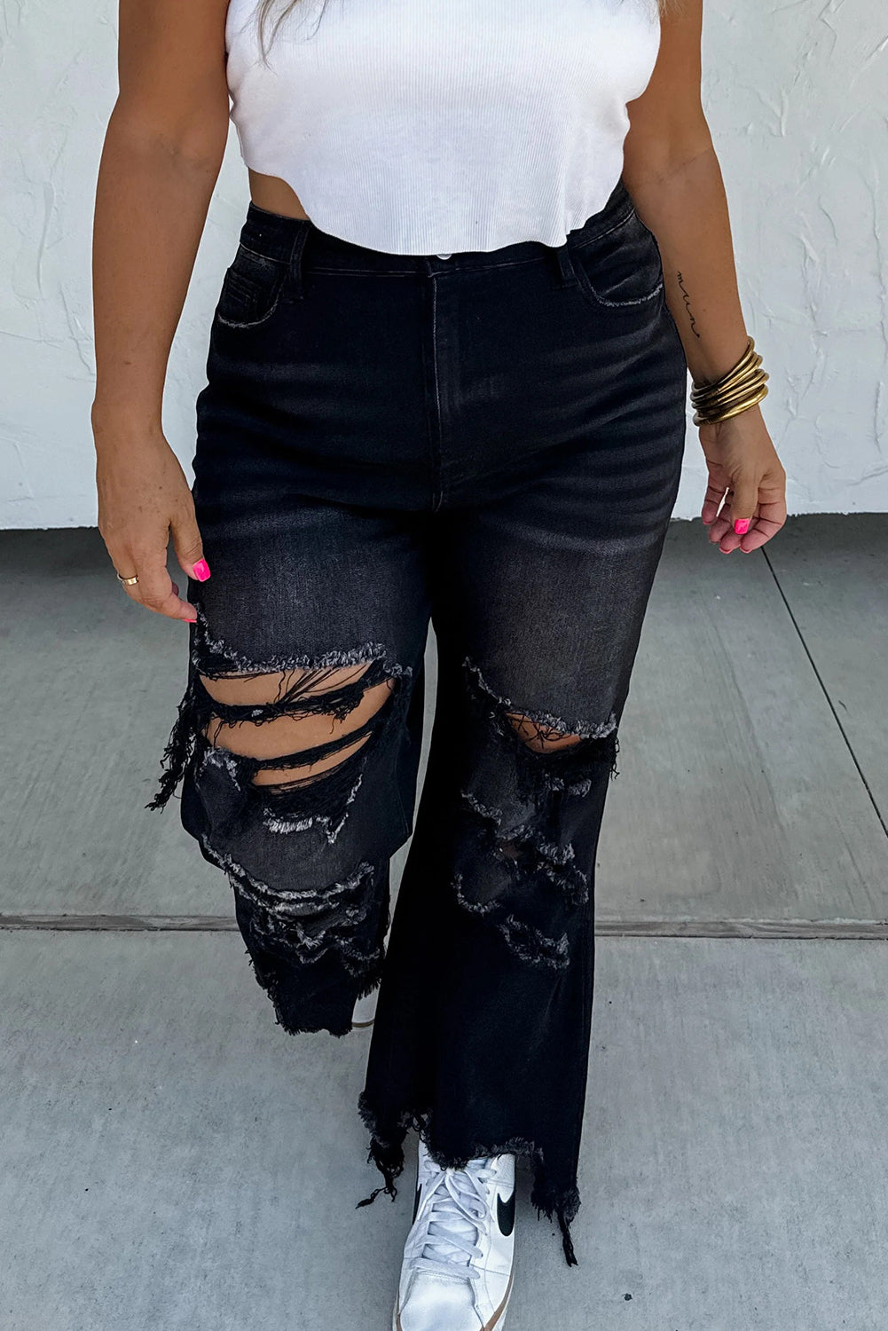 Black Asymmetric Distressed Raw Hem Cowgirl Jeans