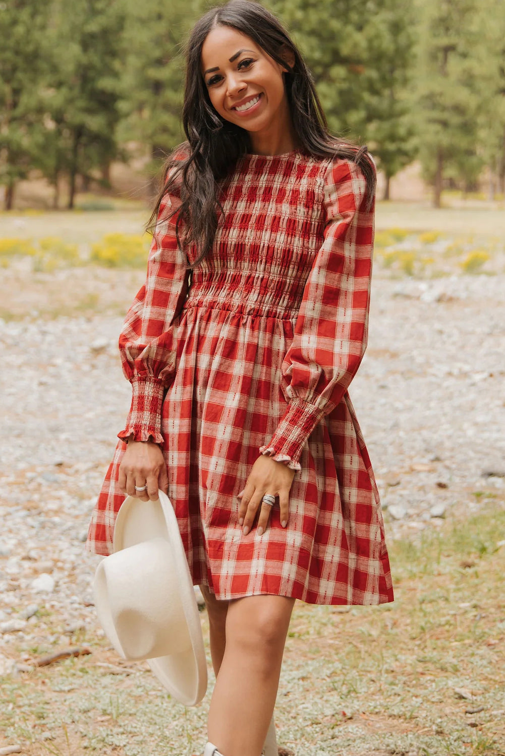 Red Plaid Print Long Sleeve Smocked Flared Mini Dress
